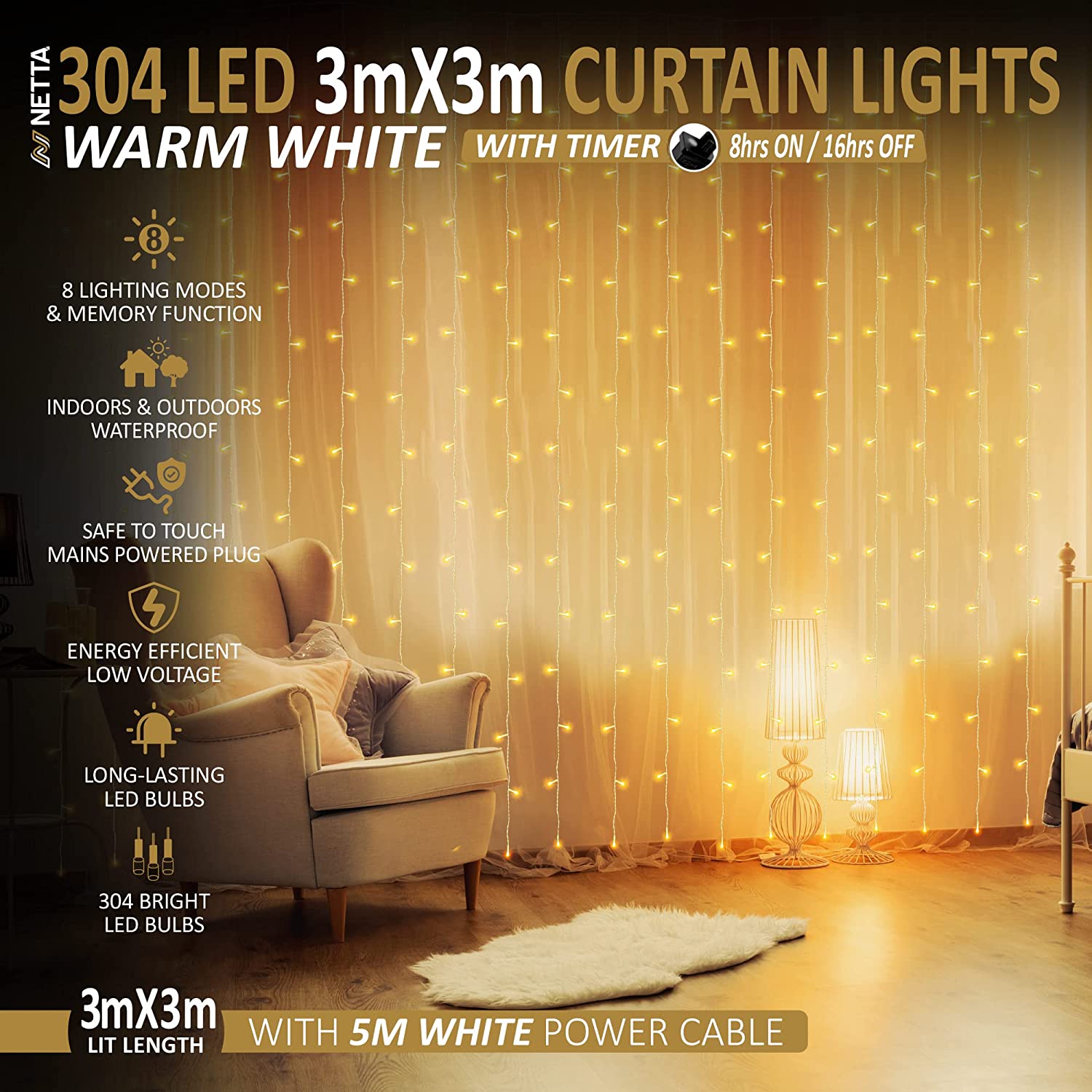 NETTA Curtain Fairy Lights - 3M x 3M, Waterproof LED with Timer, 8 Modes - Warm White