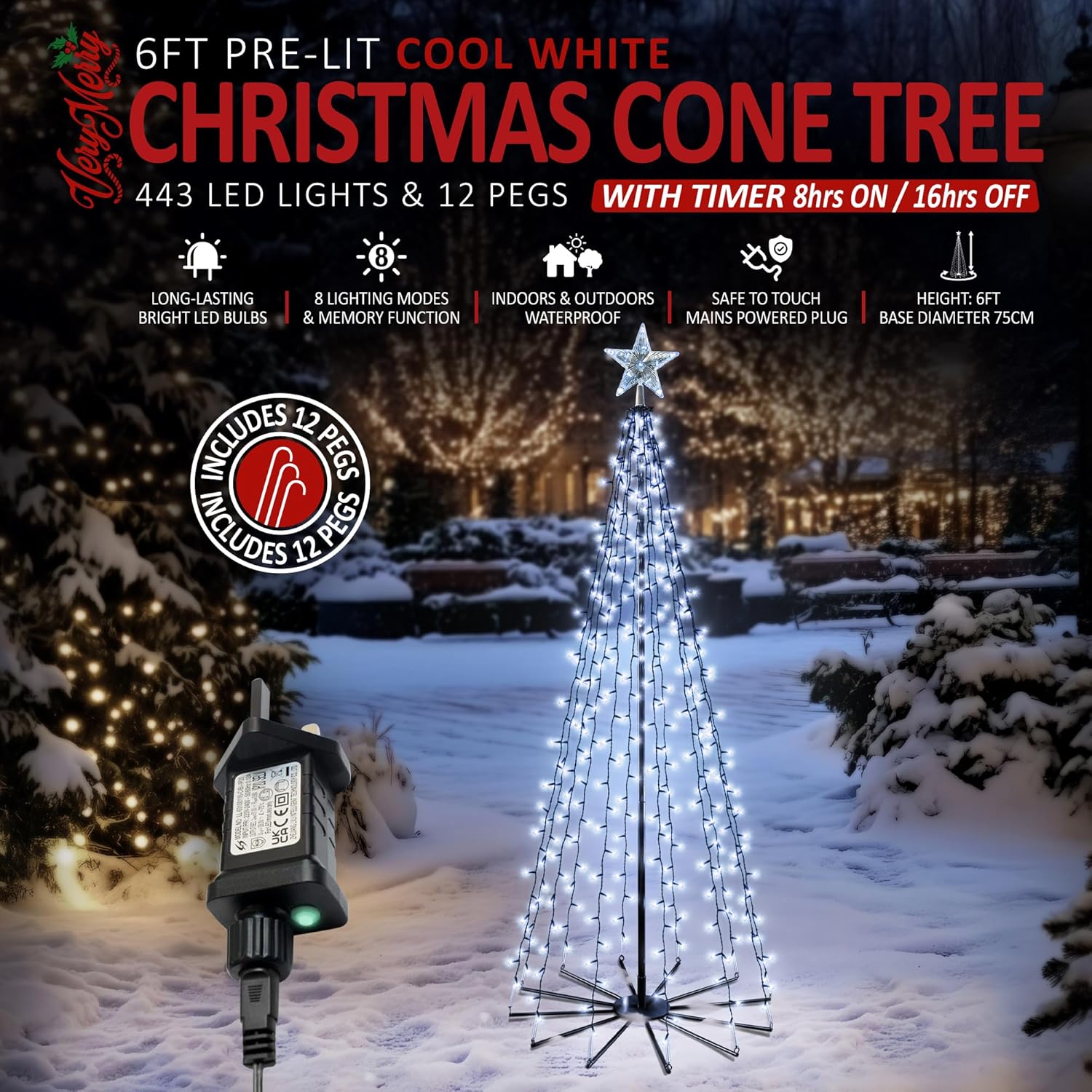 VeryMerry Christmas Cone Tree Warm White for Indoor Outdoor Use, LED Light Pre Lit With Auto-Off Timer, 8 Lighting Modes