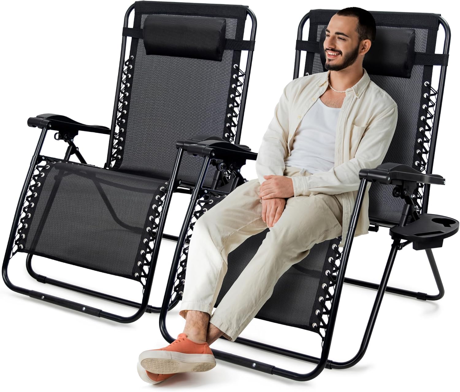 SUNMER Extra Wide Set of 2 Sun Lounger Garden Chairs With Cup And Phone Holder