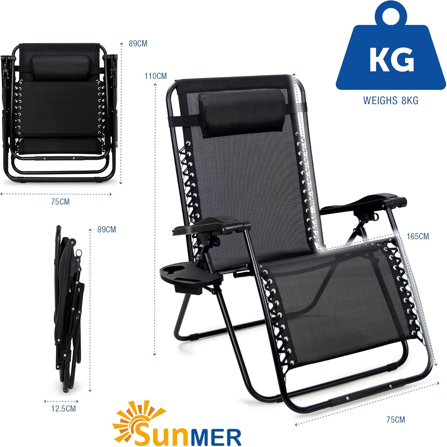 SUNMER Extra Wide Set of 2 Sun Lounger Garden Chairs With Cup And Phone Holder