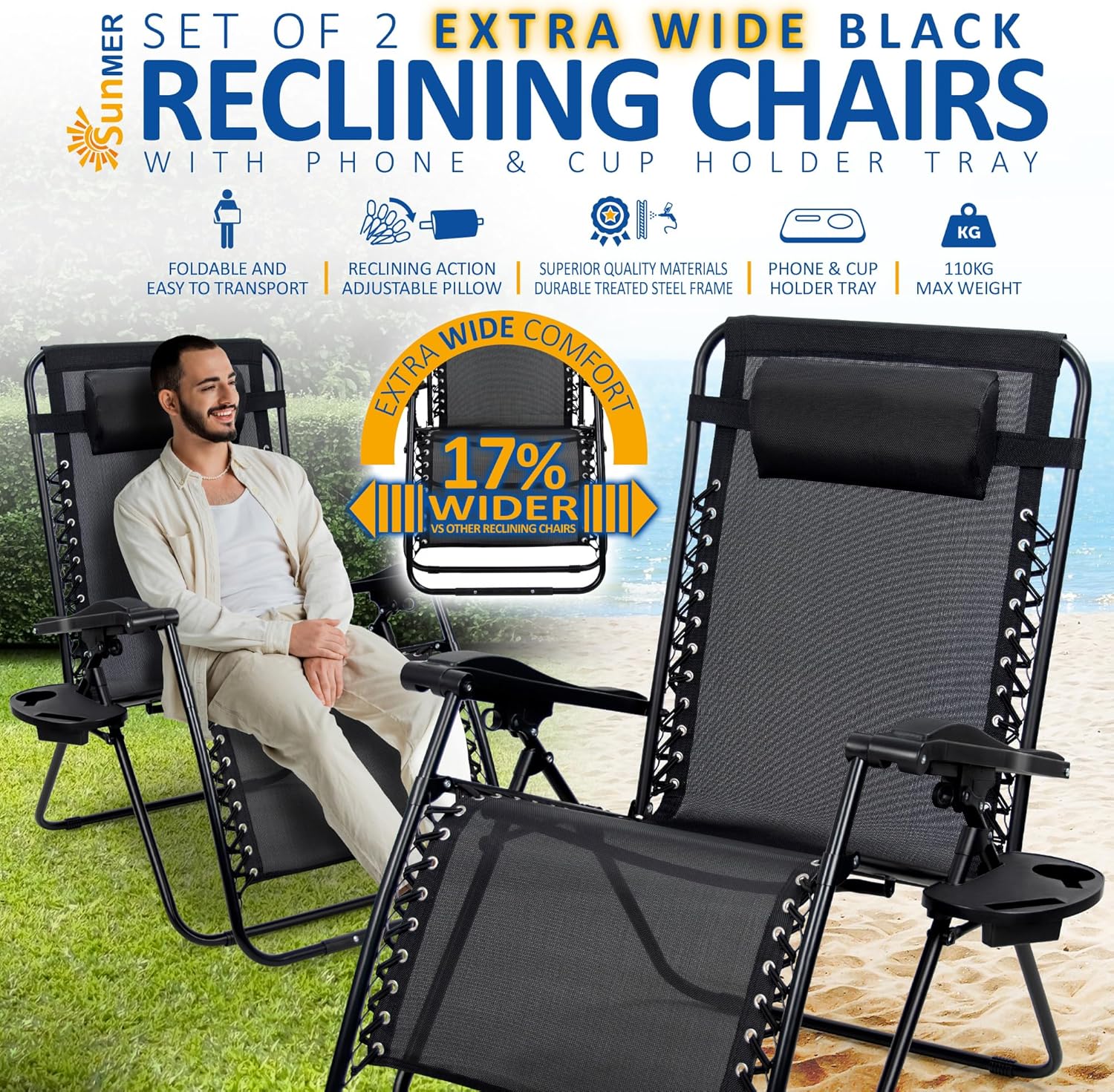 SUNMER Extra Wide Set of 2 Sun Lounger Garden Chairs With Cup And Phone Holder