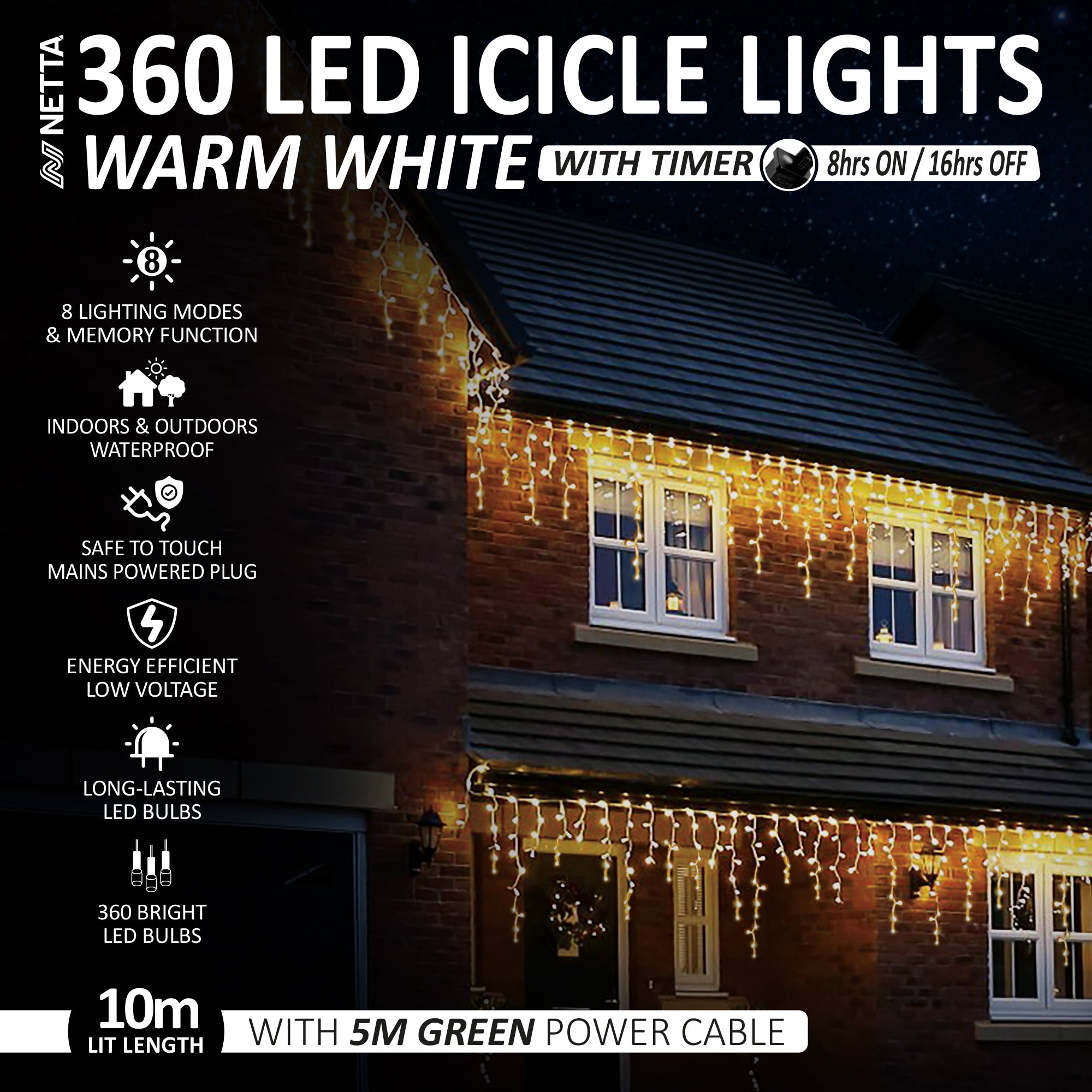 NETTA LED Icicle Lights Outdoor Christmas Lights 8 Hours On Timer, 8 Lighting Modes