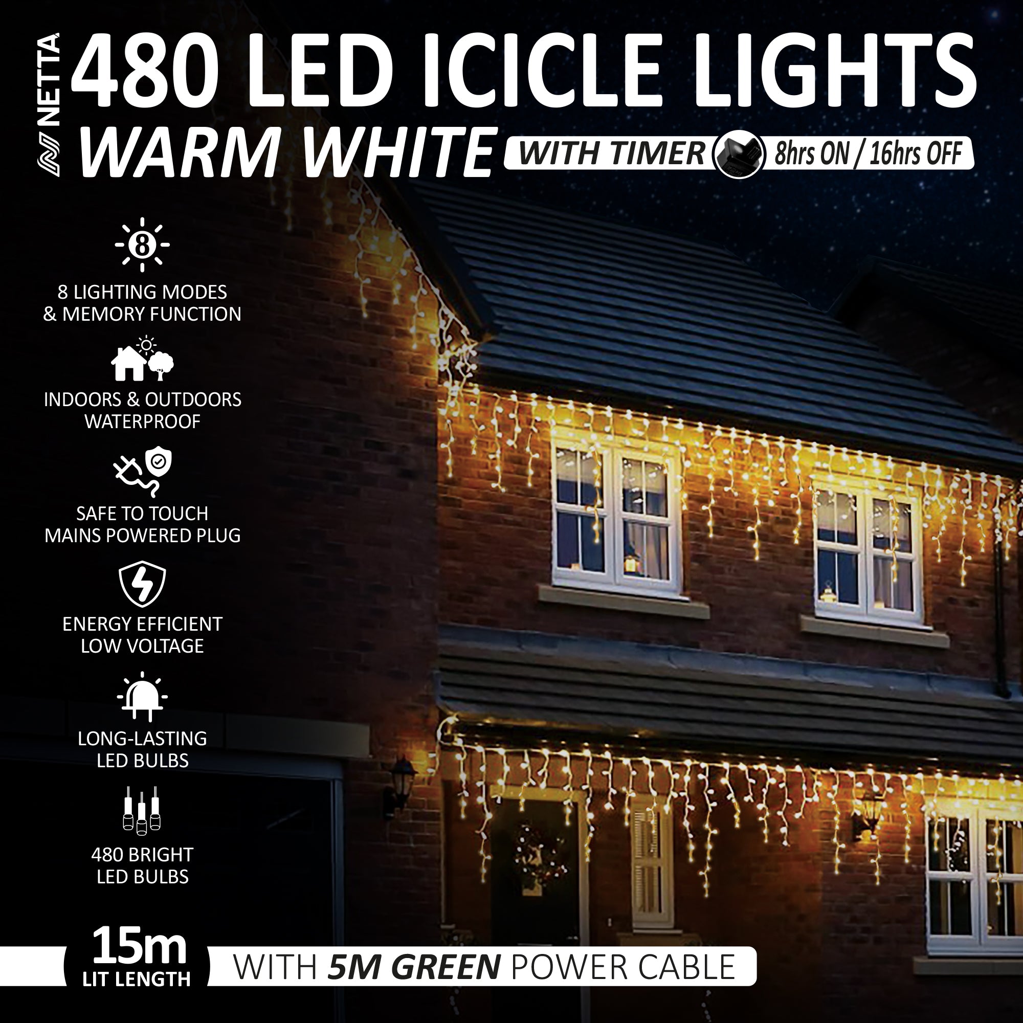 NETTA LED Icicle Lights Outdoor Christmas Lights 8 Hours On Timer, 8 Lighting Modes