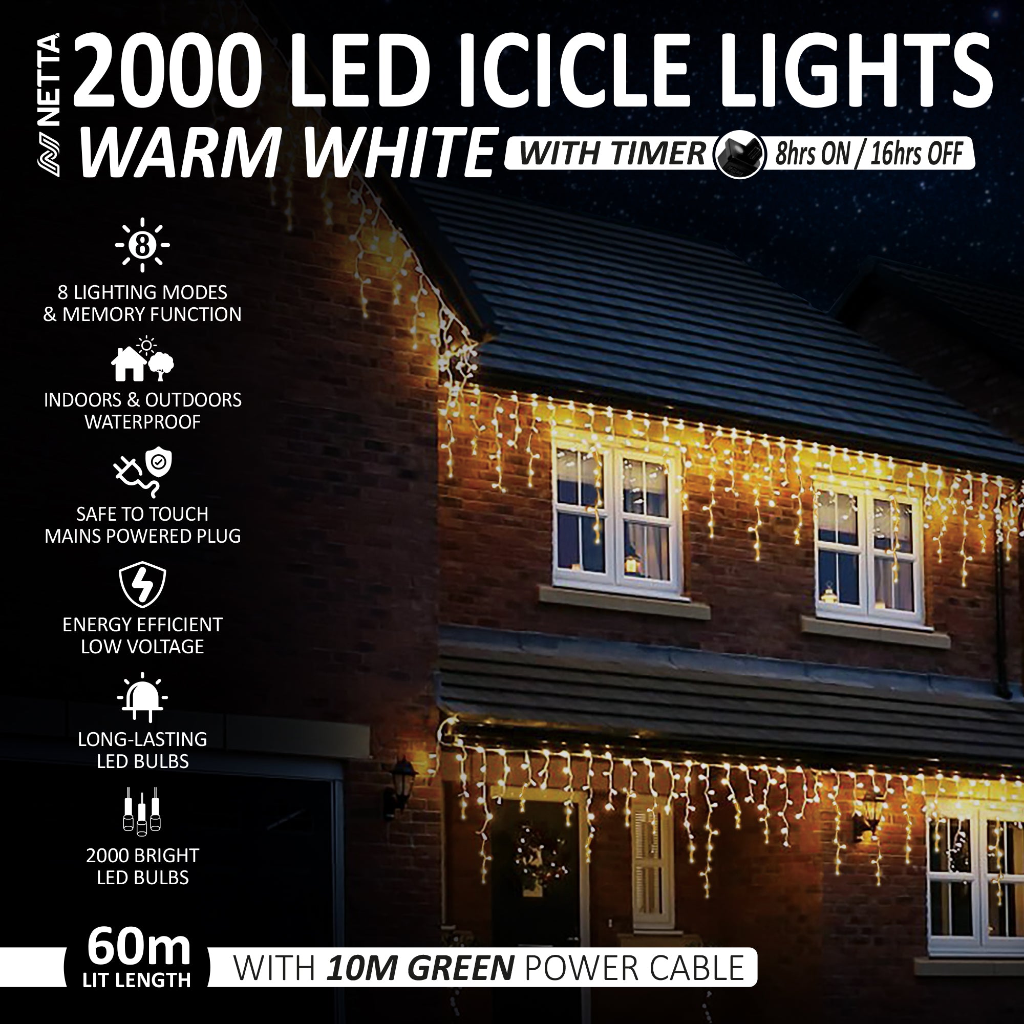 NETTA LED Icicle Lights Outdoor Christmas Lights 8 Hours On Timer, 8 Lighting Modes