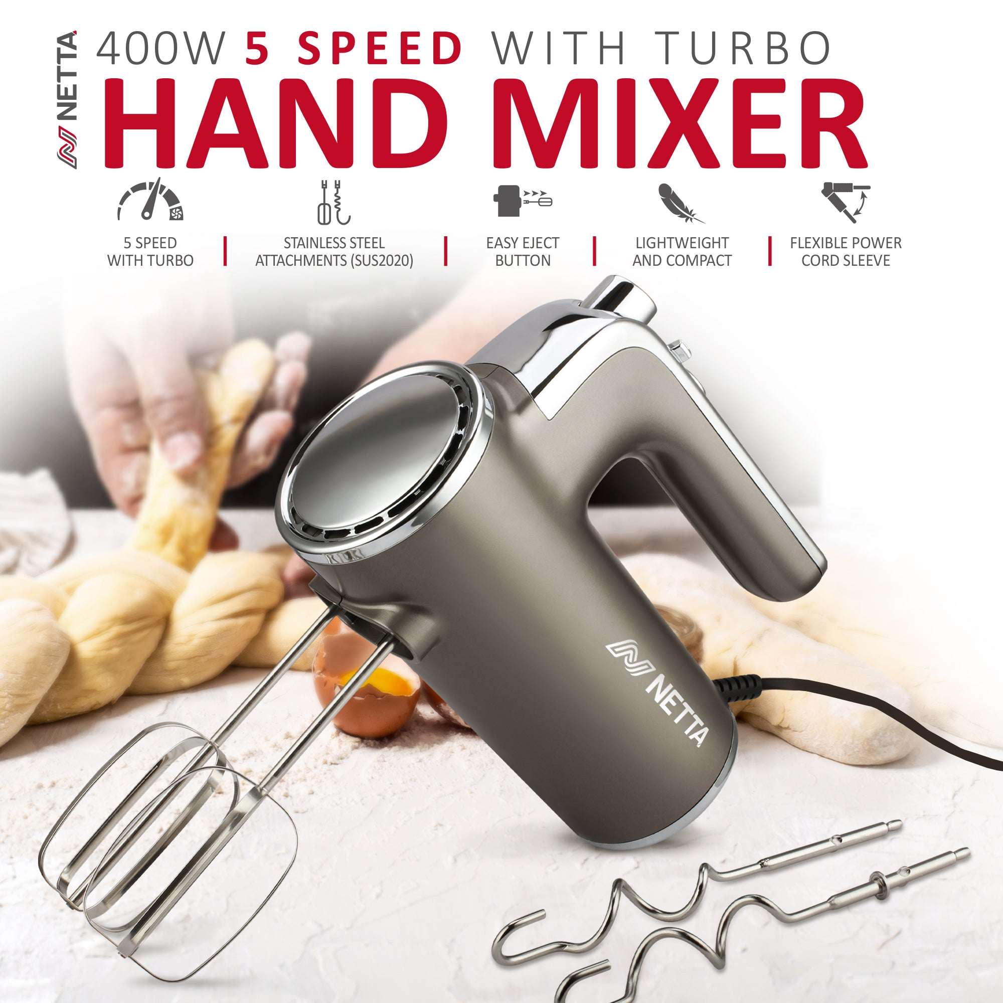 NETTA 400W Hand Mixer - Stainless Steel