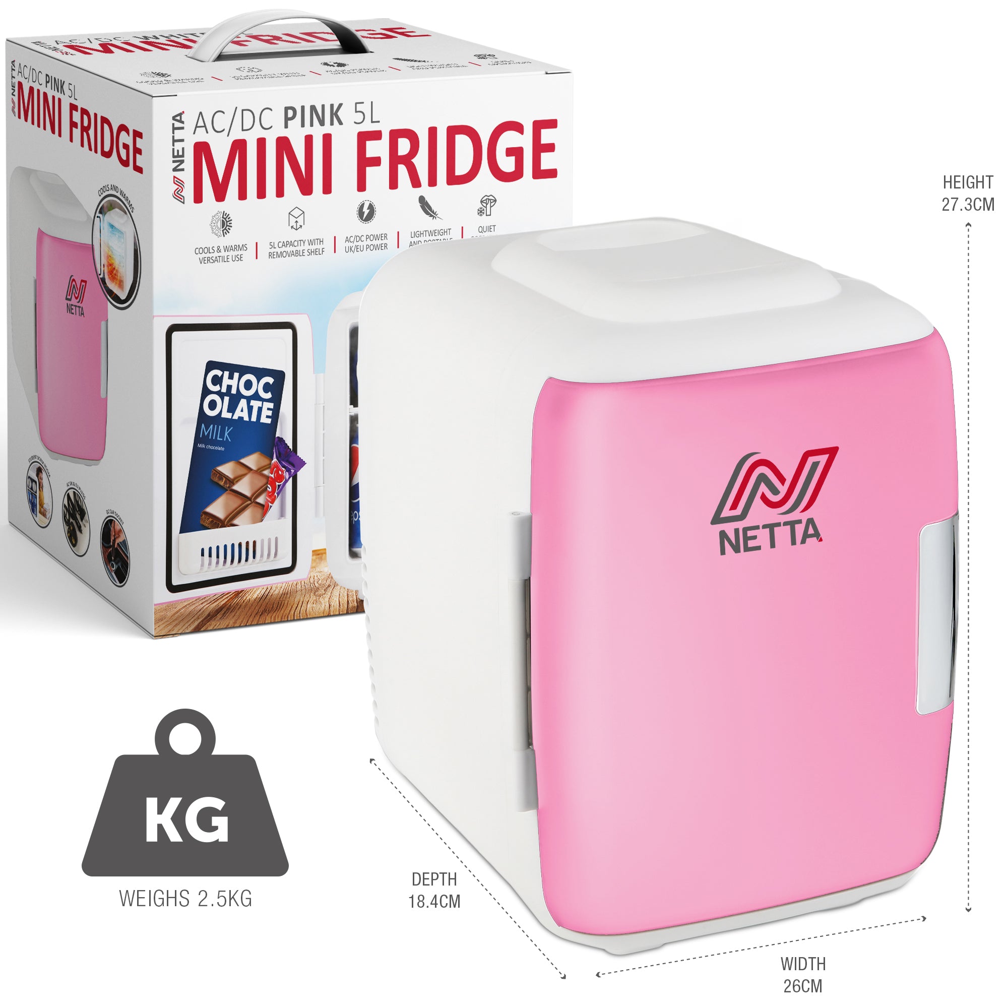 NETTA 5L Mini Fridge with 12V Car Socket and UK Main Plug