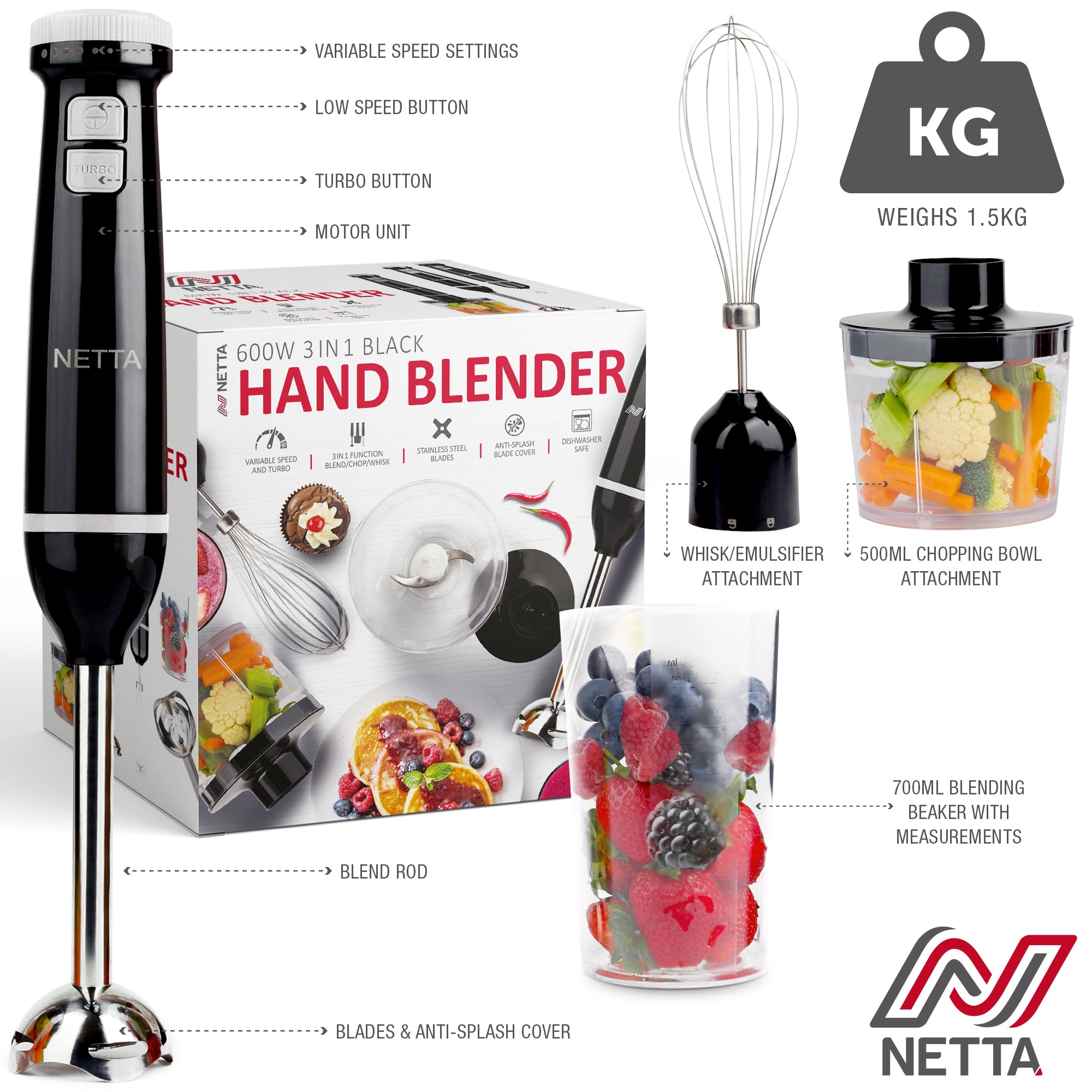 NETTA Hand Blender with Whisk, Mini Chopper and 700ml Beaker