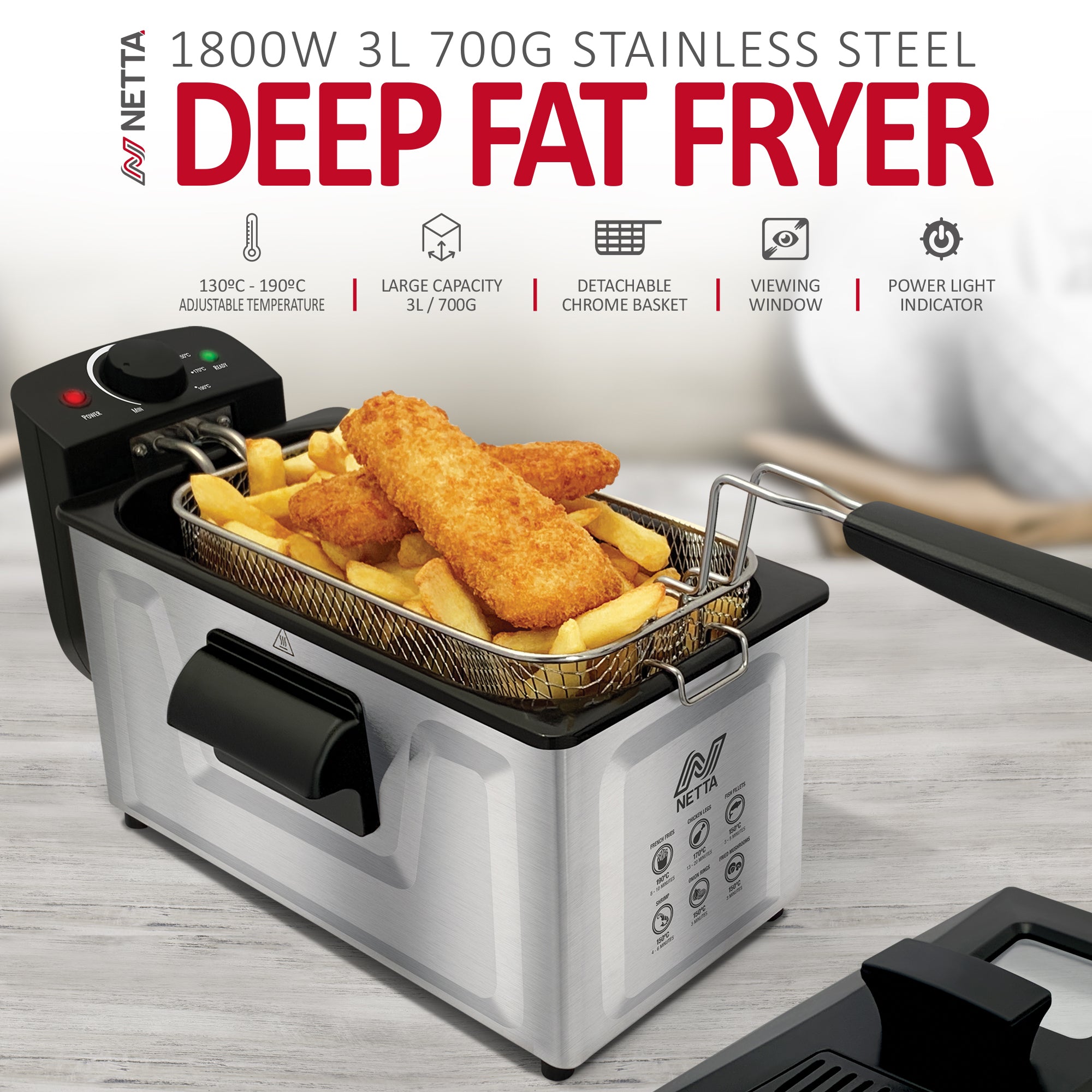 NETTA 3L Deep Fat Fryer with a Viewing Window, 700g Capacity, Powerful 1800W