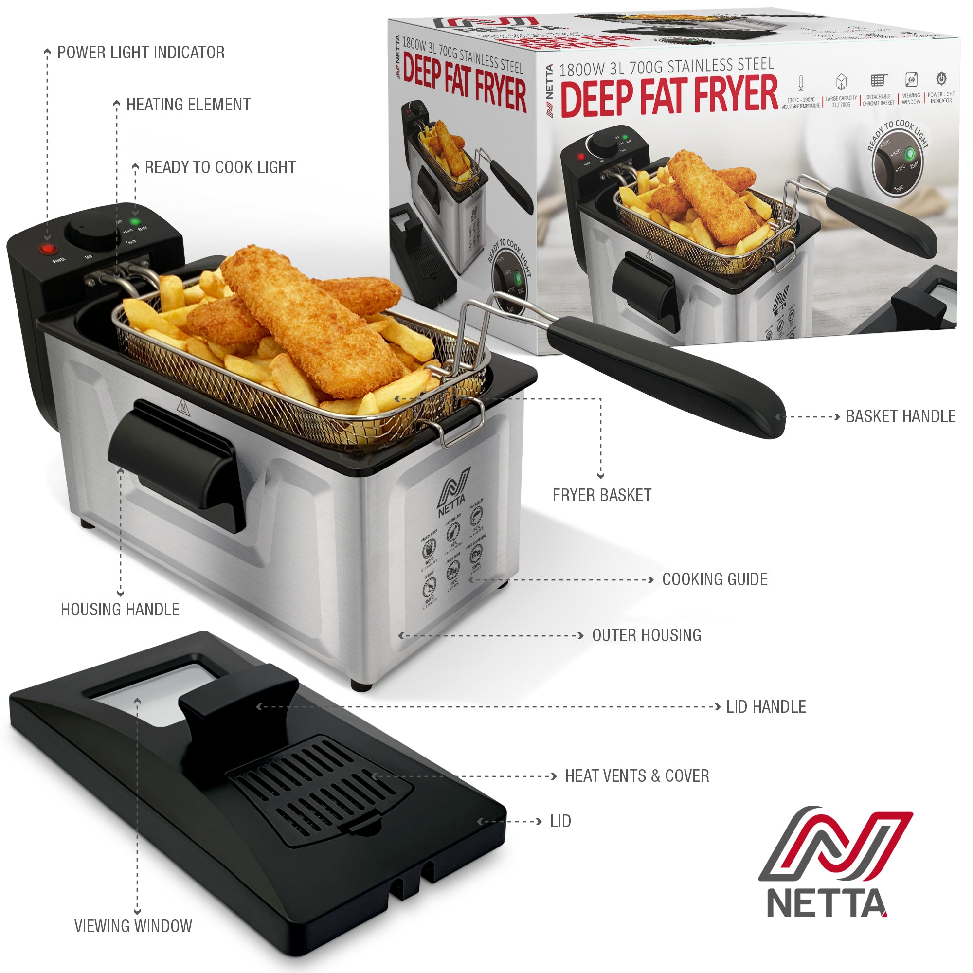 NETTA 3L Deep Fat Fryer with a Viewing Window, 700g Capacity, Powerful 1800W