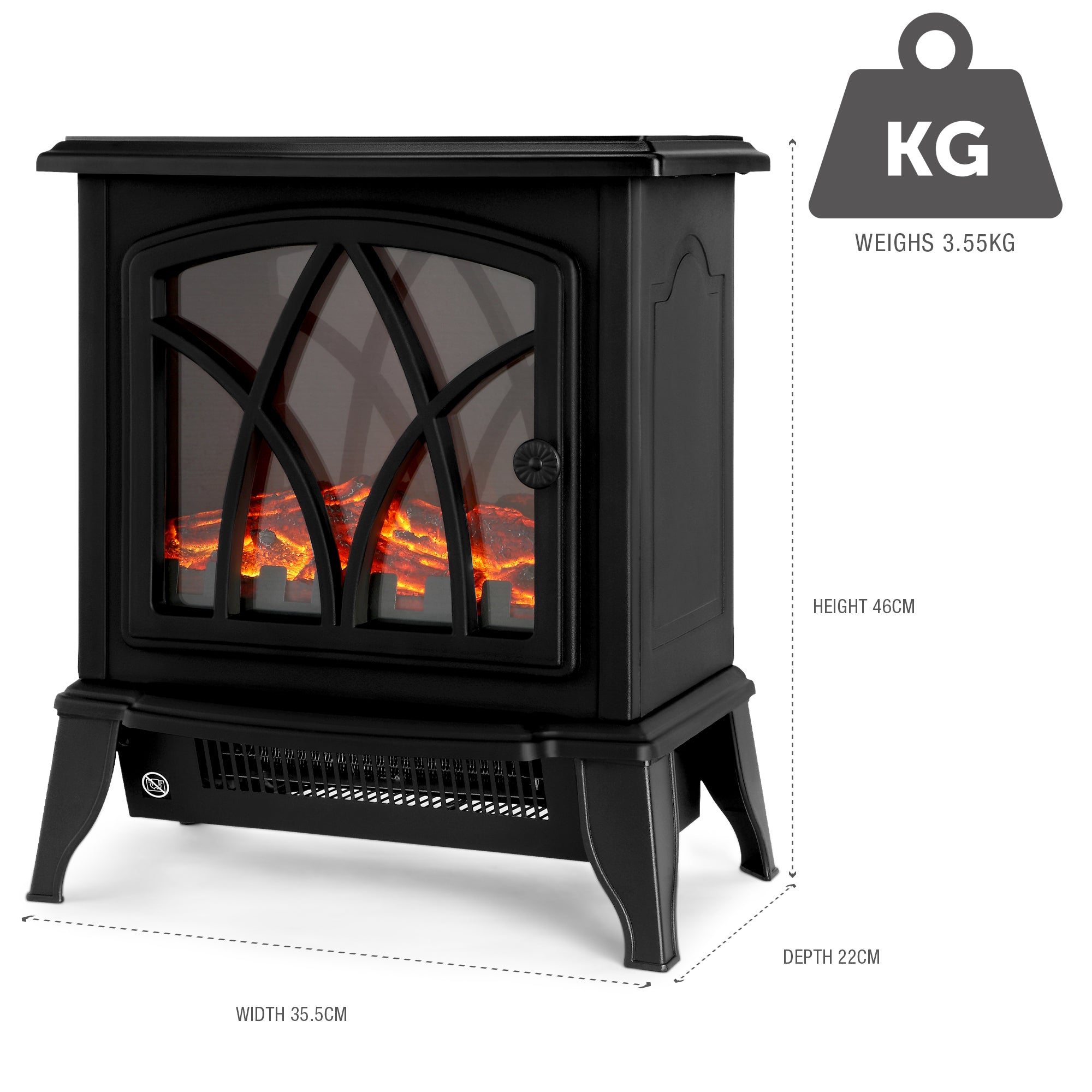 NETTA Electric Stove Heater Fireplace Fire Log Effect 1600-1800W - Black