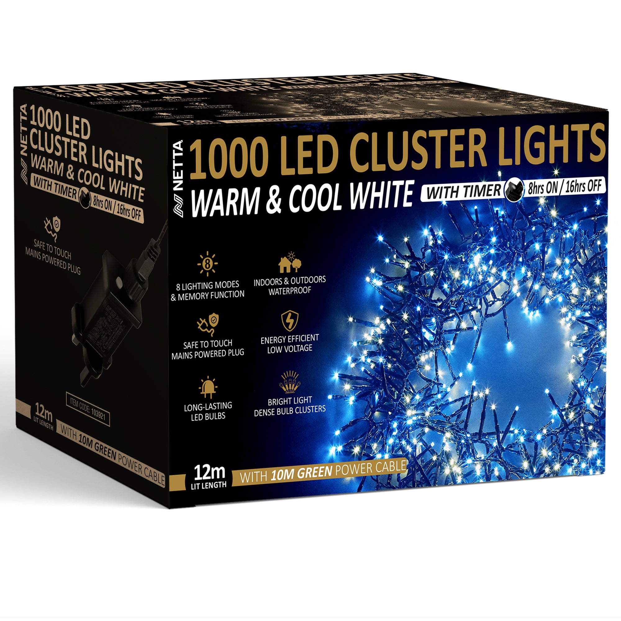 NETTA Plug-In LED 12M Cluster String Lights Outdoor and Indoor