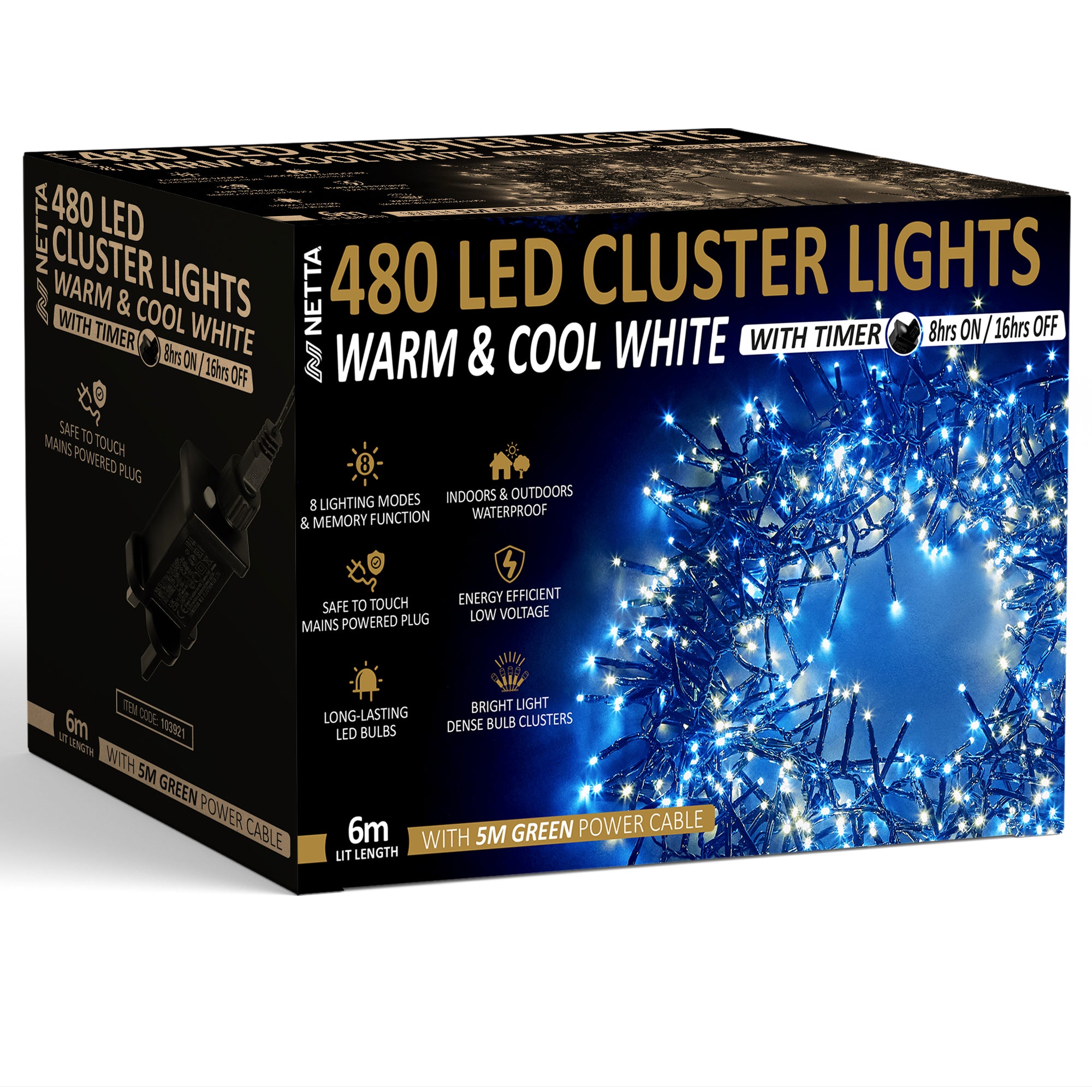 NETTA Plug-In LED 12M Cluster String Lights Outdoor and Indoor