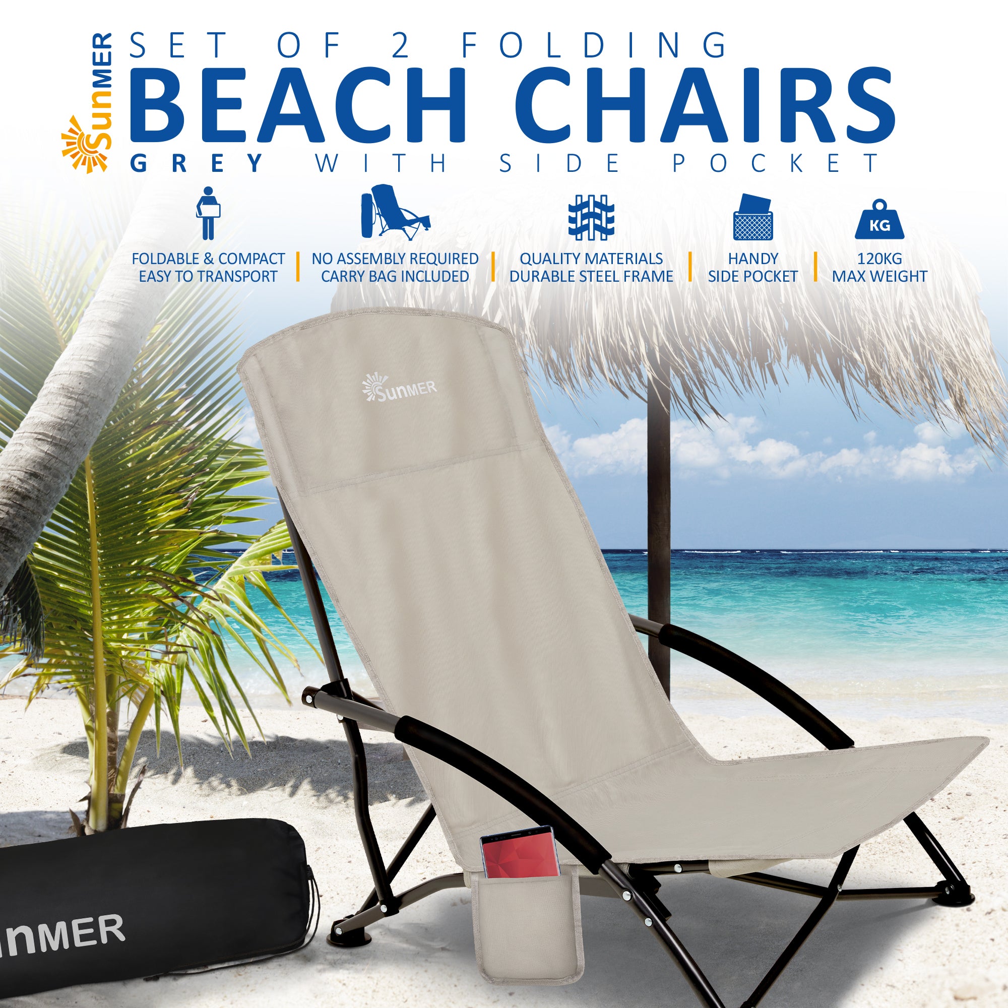 SUNMER Set of 2 Folding Beach Chairs with Side Pocket & Carry Bag