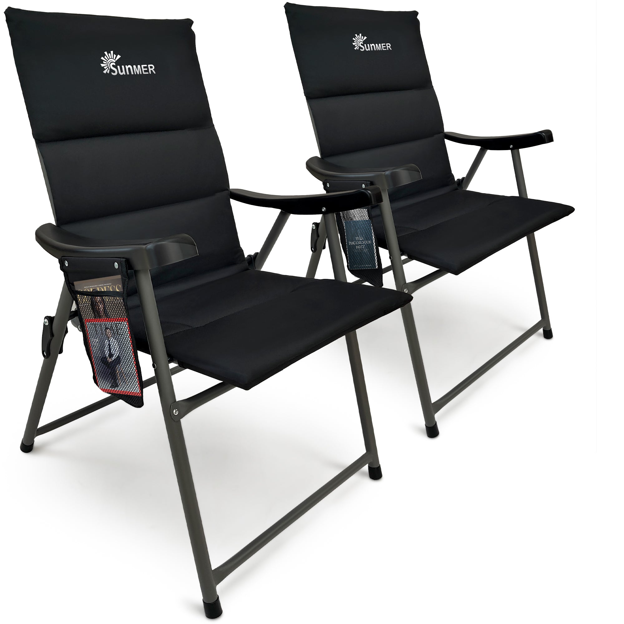 SUNMER Set of 2 Padded Folding Garden Chairs with Side Pocket