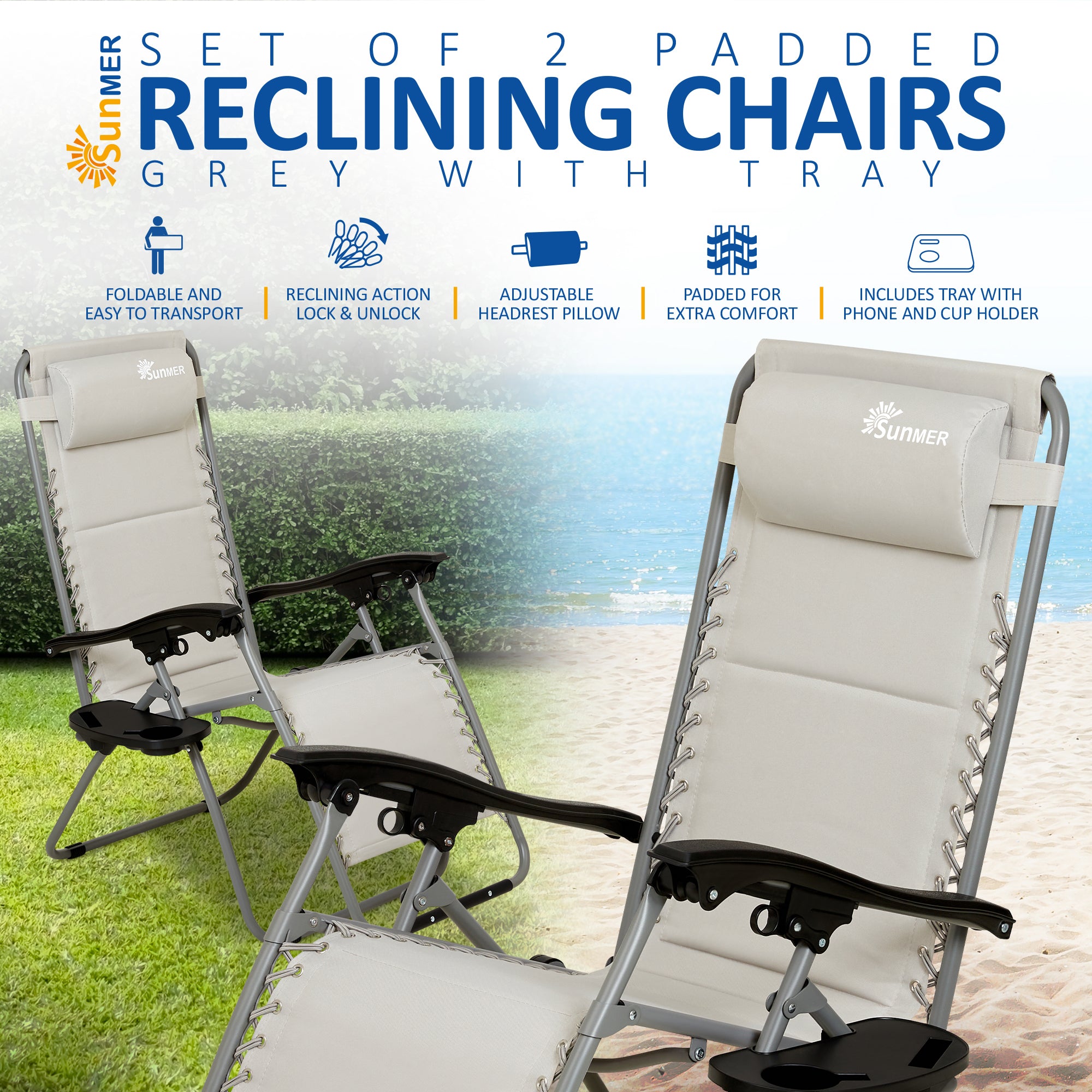 SUNMER Set of 2 Sun Lounger Garden Chairs With Cup And Phone Holder