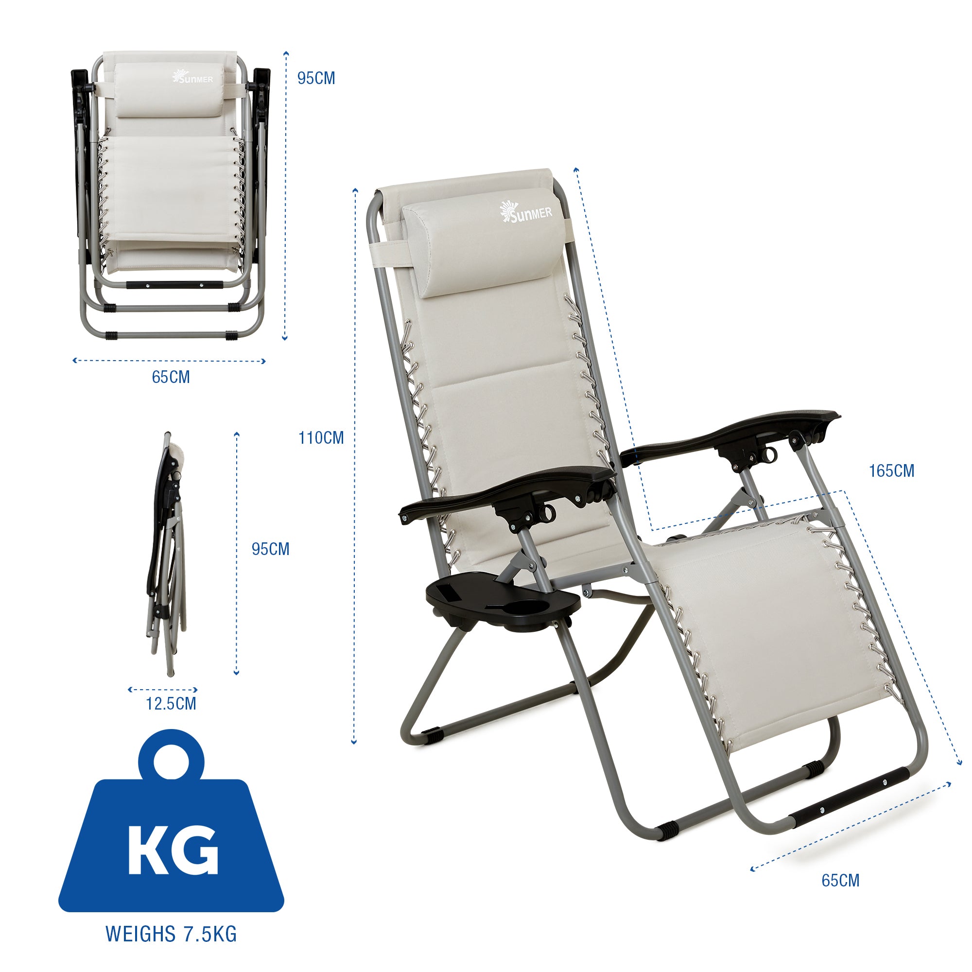 SUNMER Set of 2 Sun Lounger Garden Chairs With Cup And Phone Holder