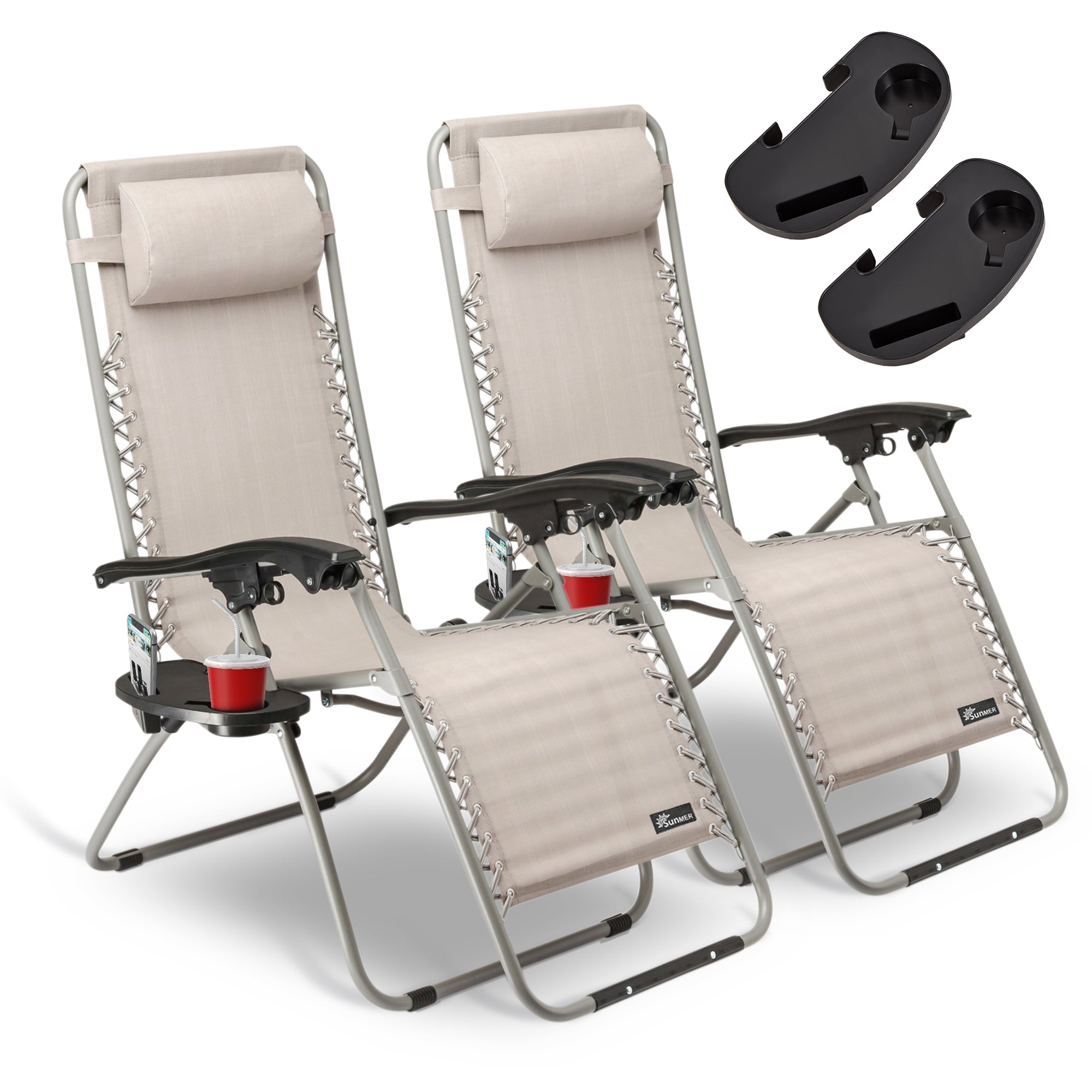 SUNMER Set of 2 Sun Lounger Garden Chairs With Cup And Phone Holder