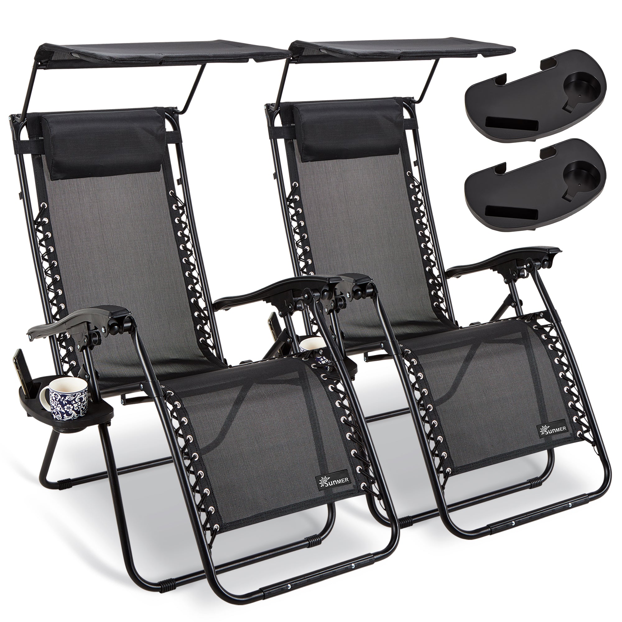 SUNMER Set of 2 Sun Lounger Garden Chairs With Cup And Phone Holder