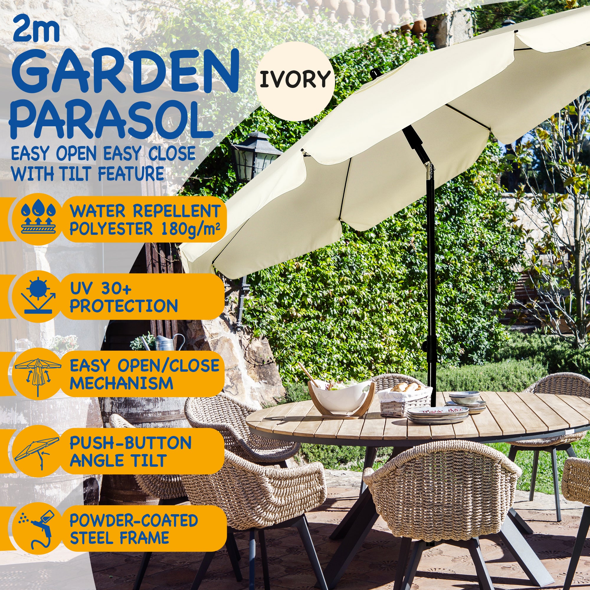 SUNMER Beach 2M Steel Parasol with Tilt Water Repellent, UV Light Protection, Easy to Open and Close, Garden Outdoor Parasol With Tilt Mechanism