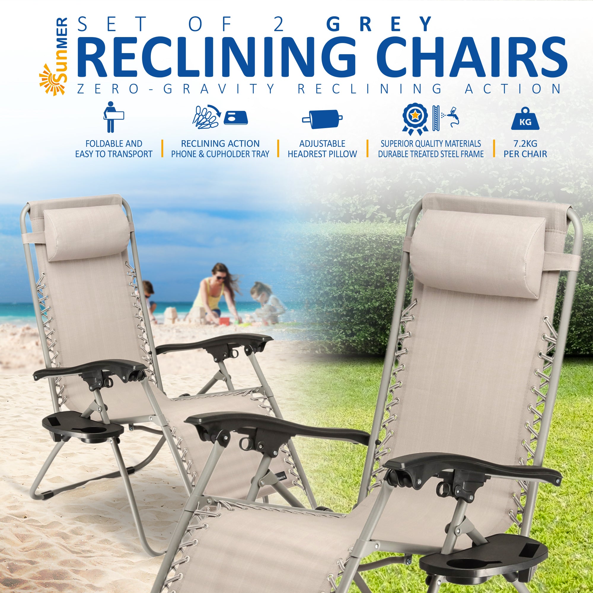 SUNMER Set of 2 Sun Lounger Garden Chairs With Cup And Phone Holder