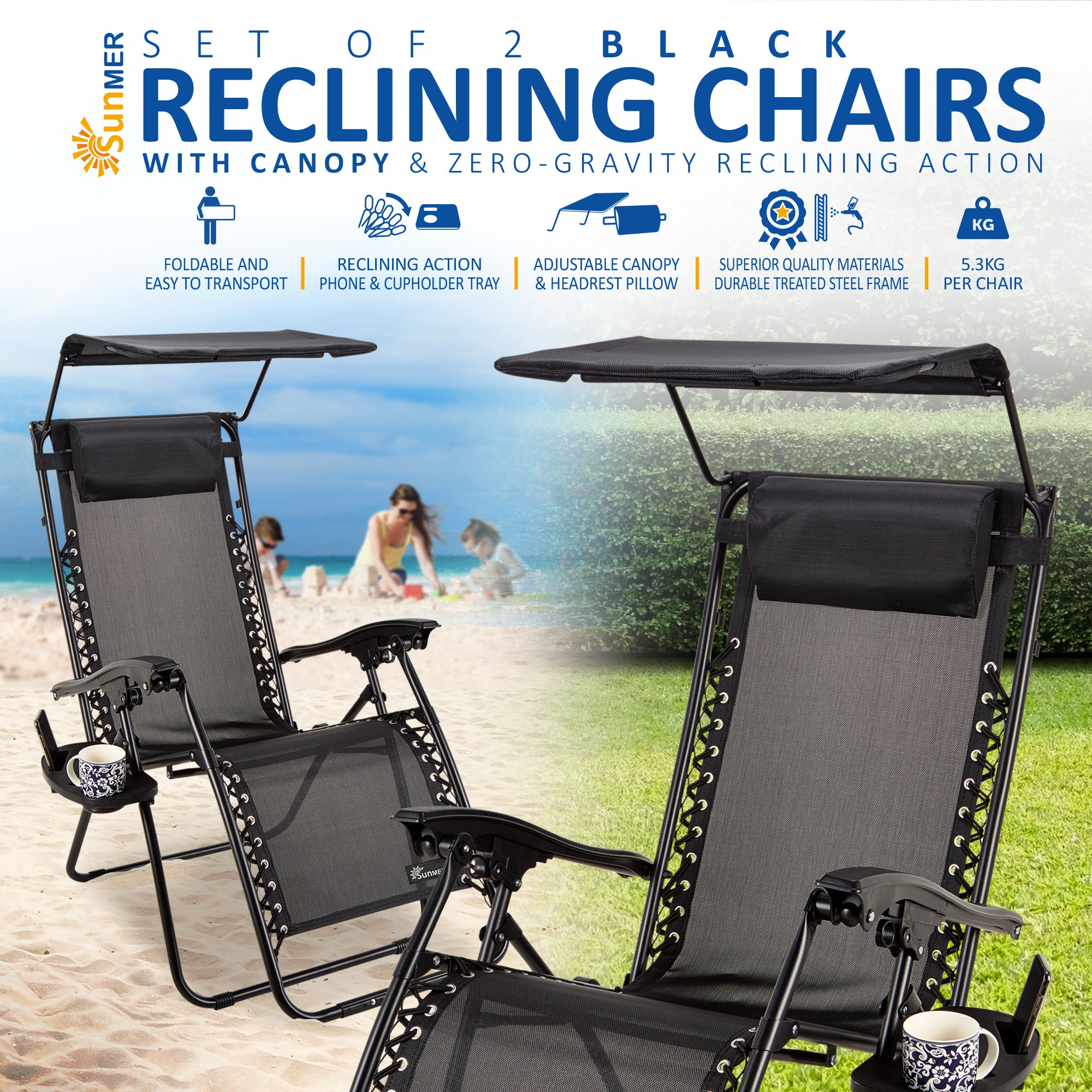 SUNMER Set of 2 Sun Lounger Garden Chairs With Cup And Phone Holder