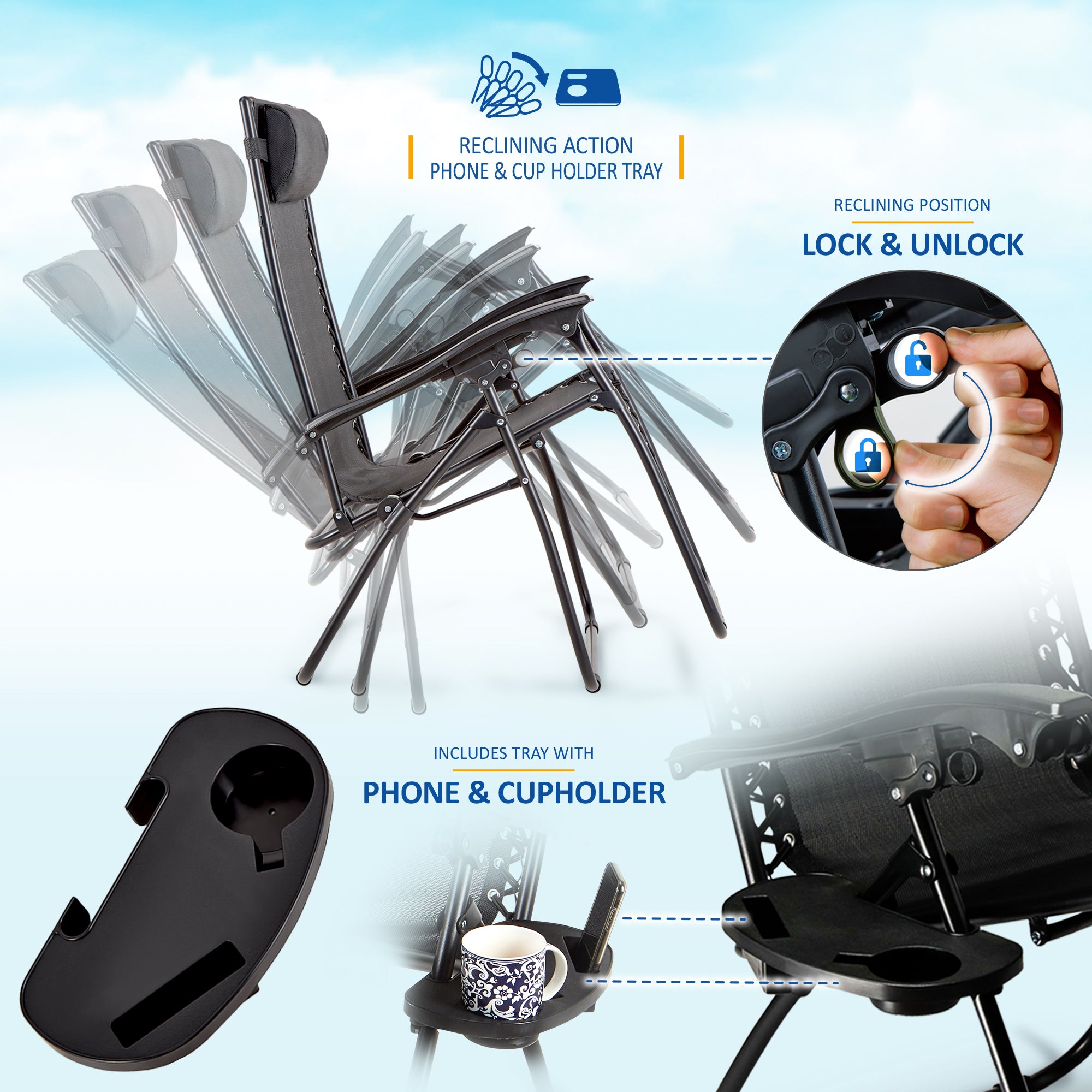 SUNMER Set of 2 Sun Lounger Garden Chairs With Cup And Phone Holder