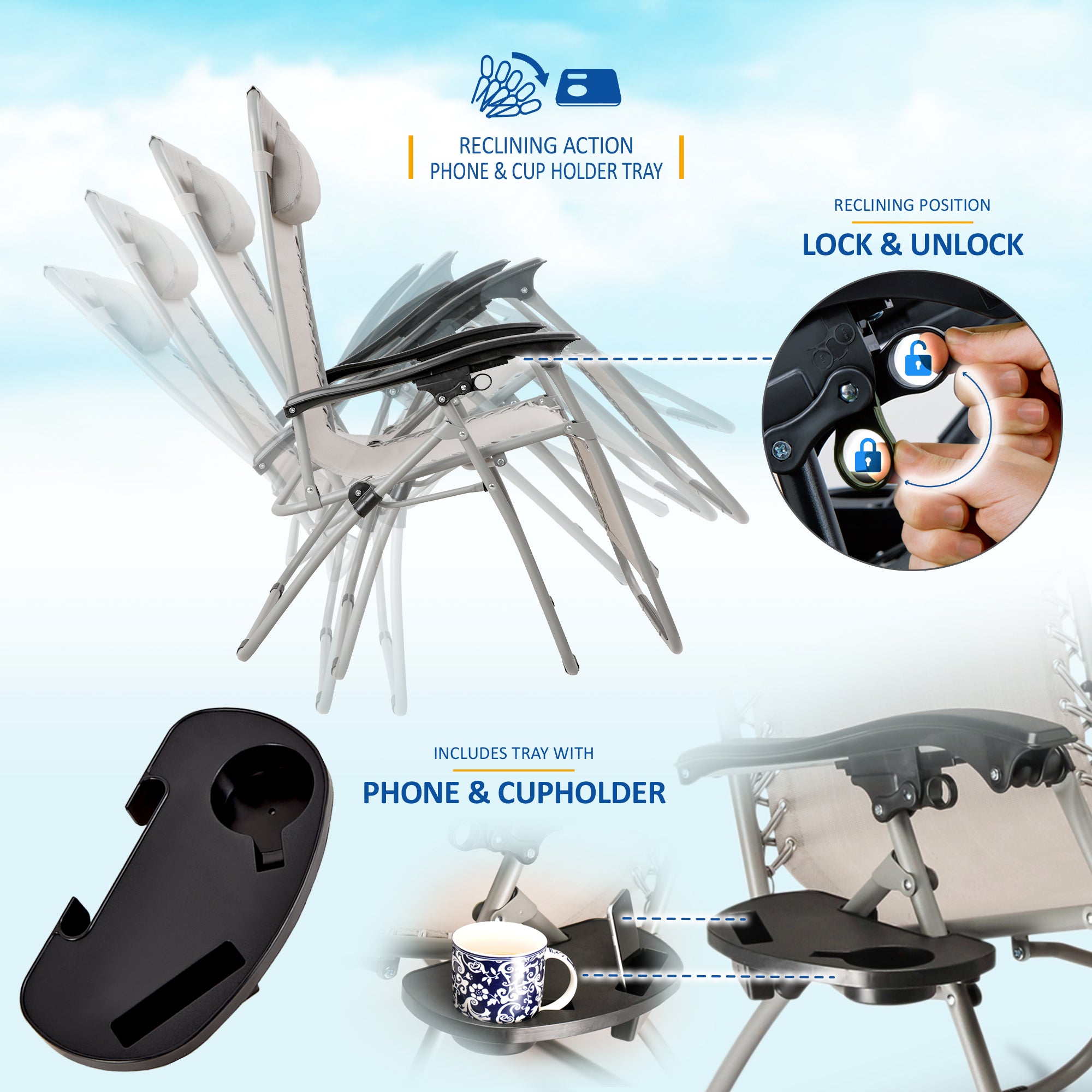 SUNMER Set of 2 Sun Lounger Garden Chairs With Cup And Phone Holder