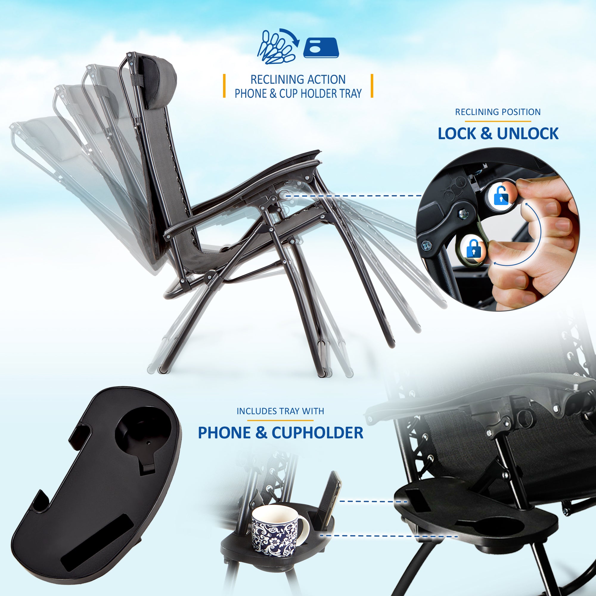 SUNMER Set of 2 Sun Lounger Garden Chairs With Cup And Phone Holder