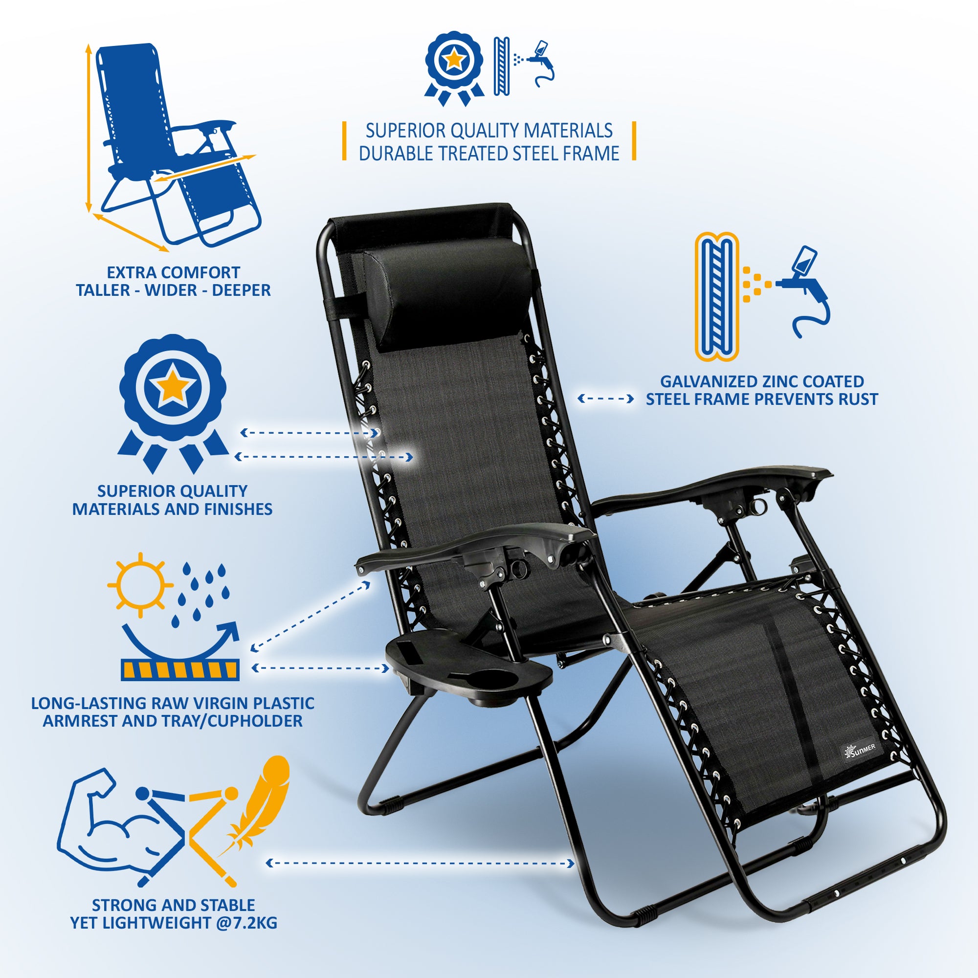 SUNMER Set of 2 Sun Lounger Garden Chairs With Cup And Phone Holder