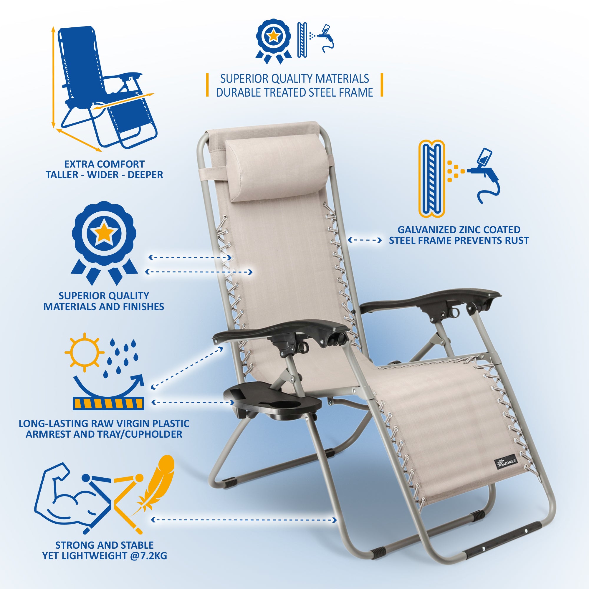 SUNMER Set of 2 Sun Lounger Garden Chairs With Cup And Phone Holder