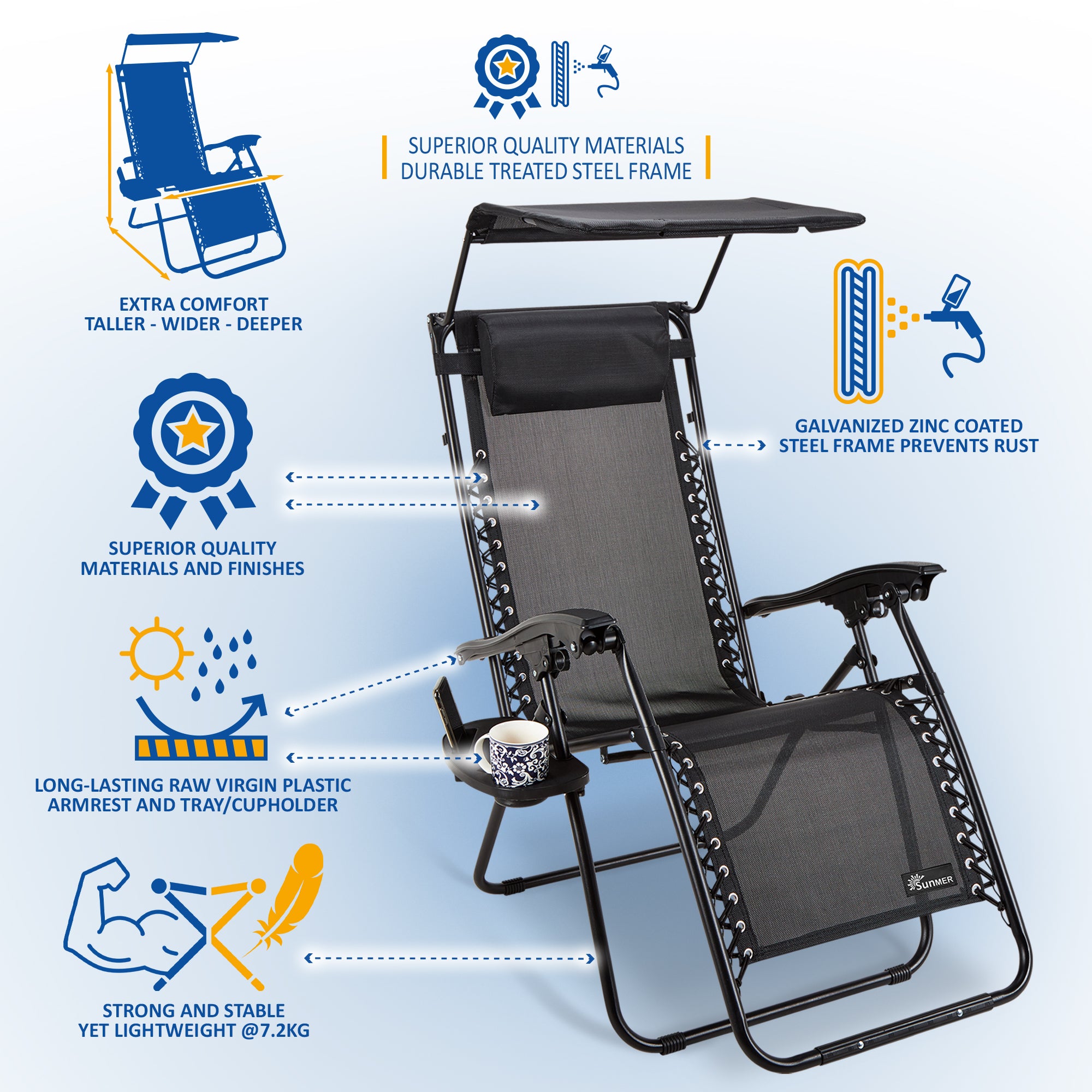 SUNMER Set of 2 Sun Lounger Garden Chairs With Cup And Phone Holder