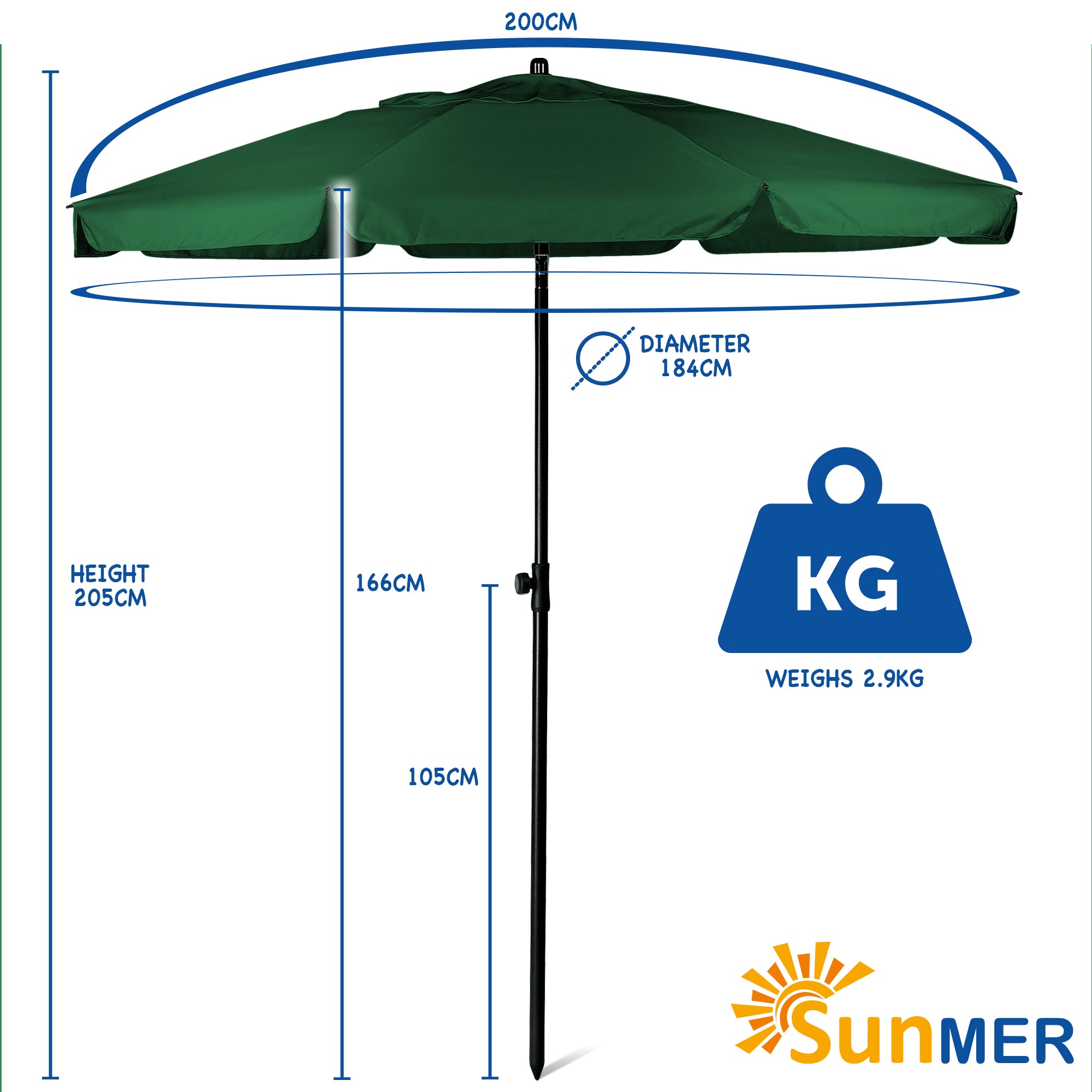 SUNMER 2M Parasol with Tilt, UV Light Protection, Easy to Open and Close, Water Resistant
