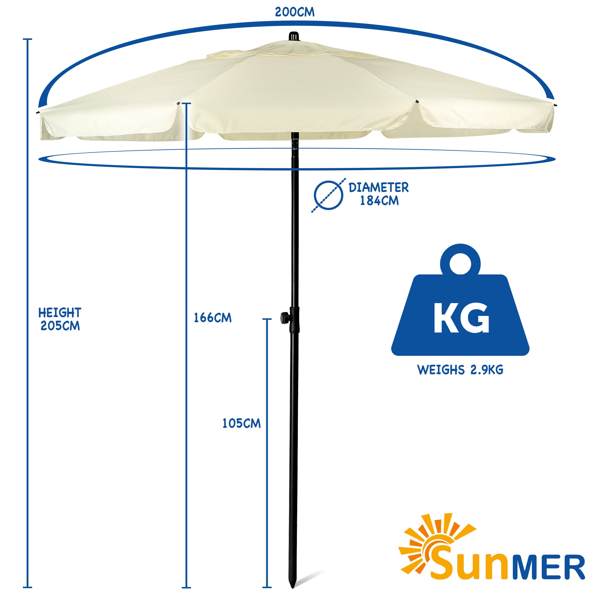 SUNMER Beach 2M Steel Parasol with Tilt Water Repellent, UV Light Protection, Easy to Open and Close, Garden Outdoor Parasol With Tilt Mechanism