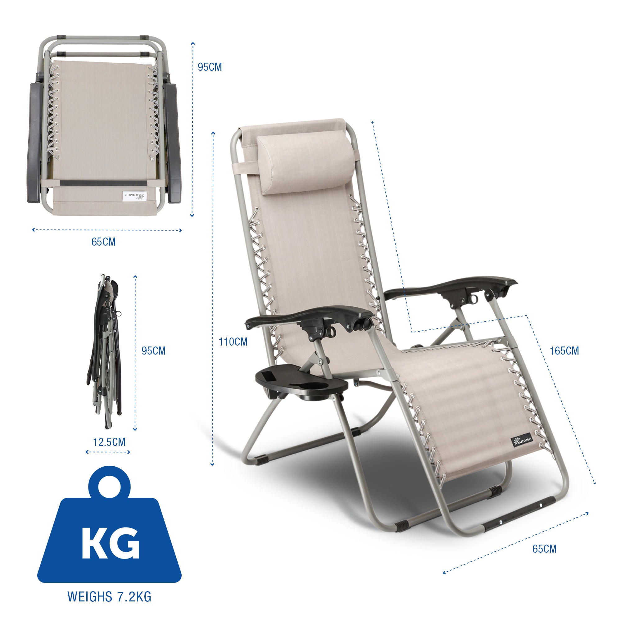 SUNMER Set of 2 Sun Lounger Garden Chairs With Cup And Phone Holder