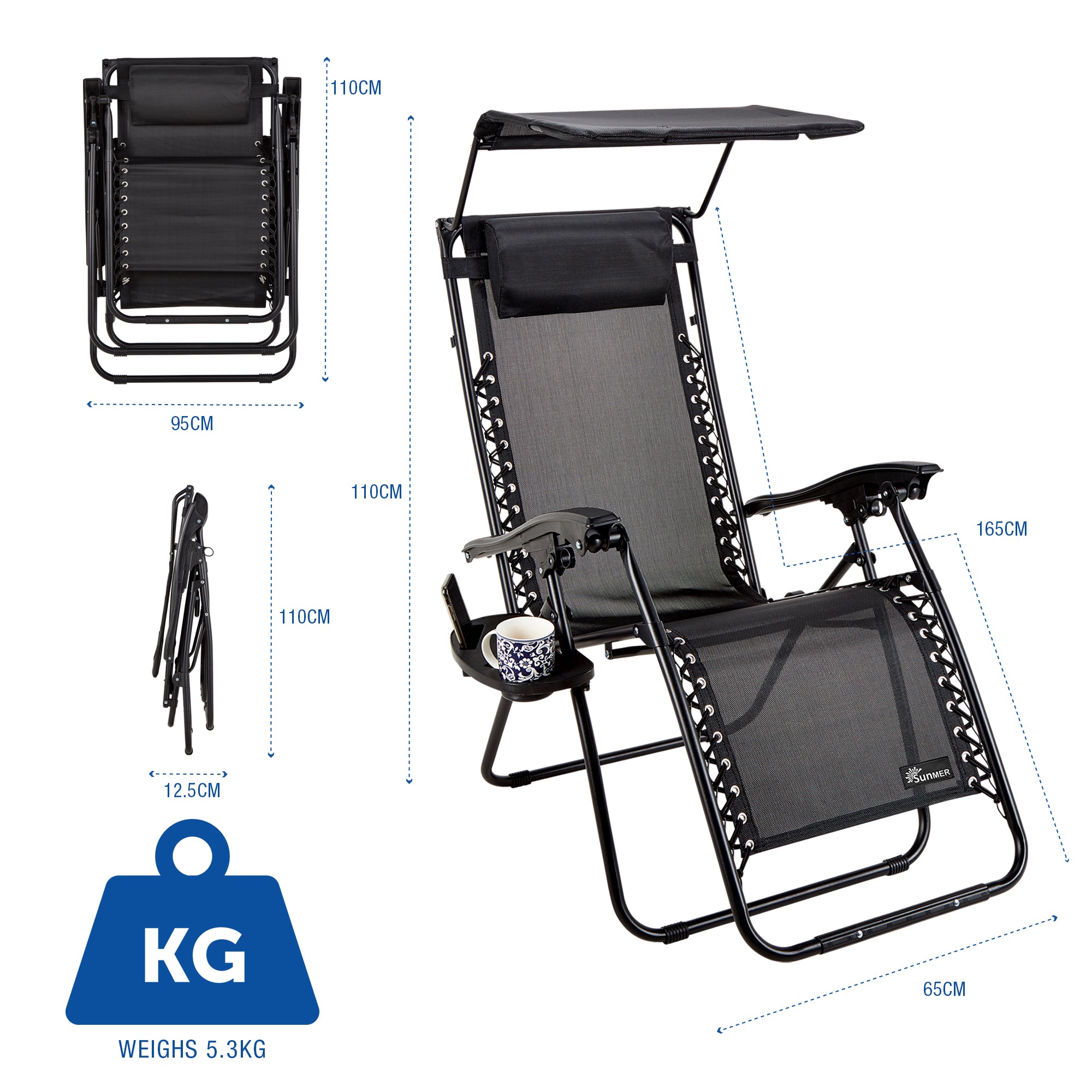 SUNMER Set of 2 Sun Lounger Garden Chairs With Cup And Phone Holder