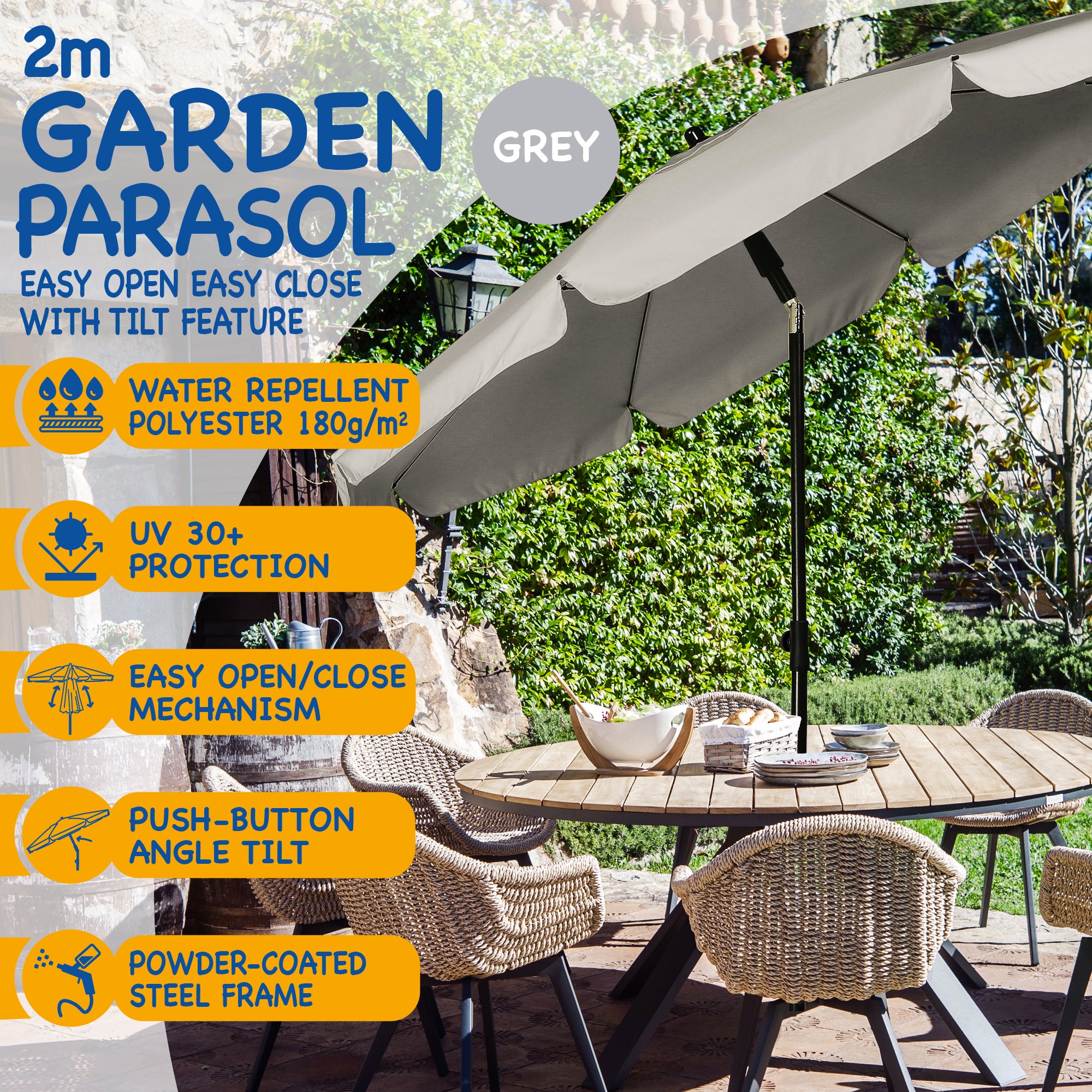 SUNMER Beach 2M Steel Parasol with Tilt Water Repellent, UV Light Protection, Easy to Open and Close, Garden Outdoor Parasol With Tilt Mechanism