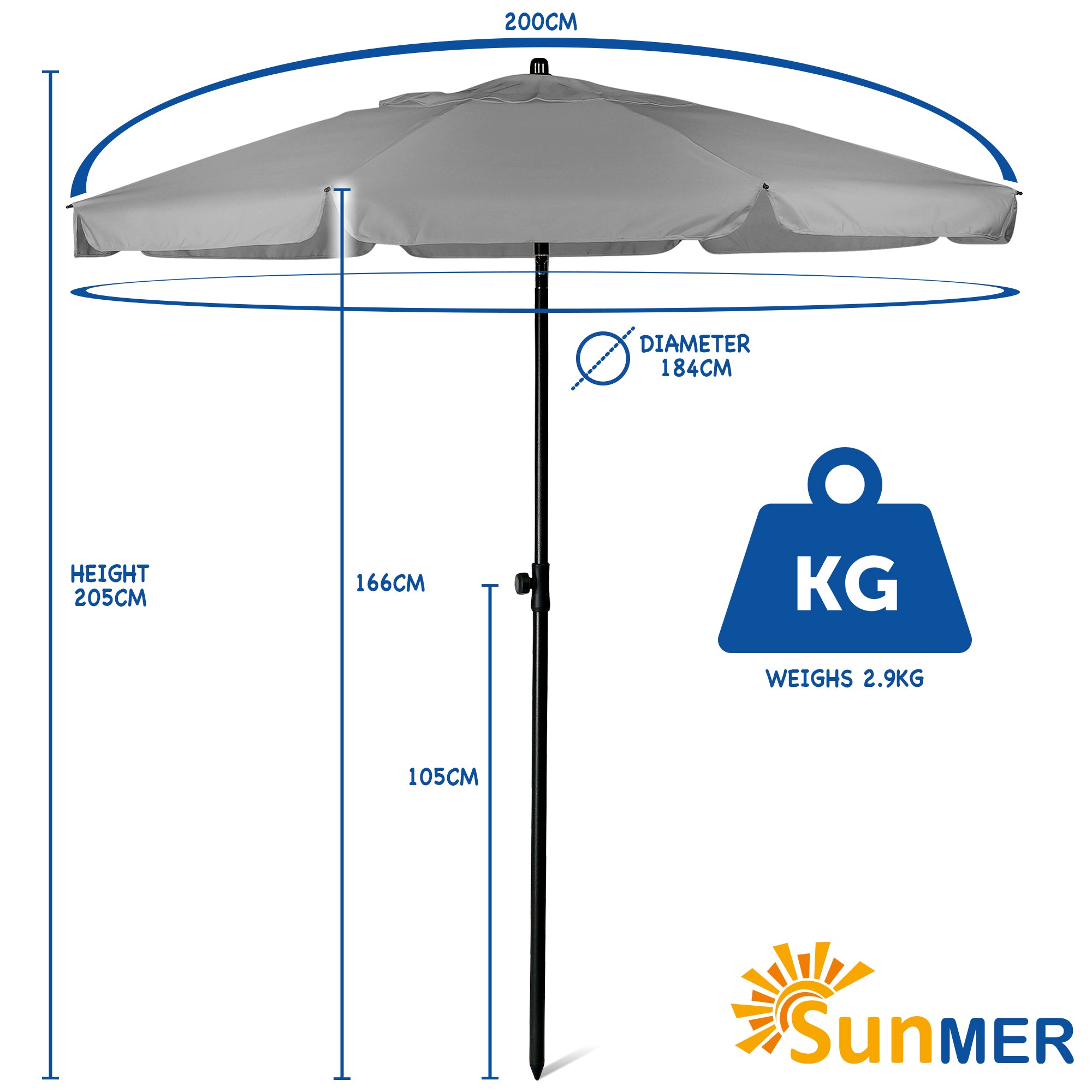 SUNMER Beach 2M Steel Parasol with Tilt Water Repellent, UV Light Protection, Easy to Open and Close, Garden Outdoor Parasol With Tilt Mechanism