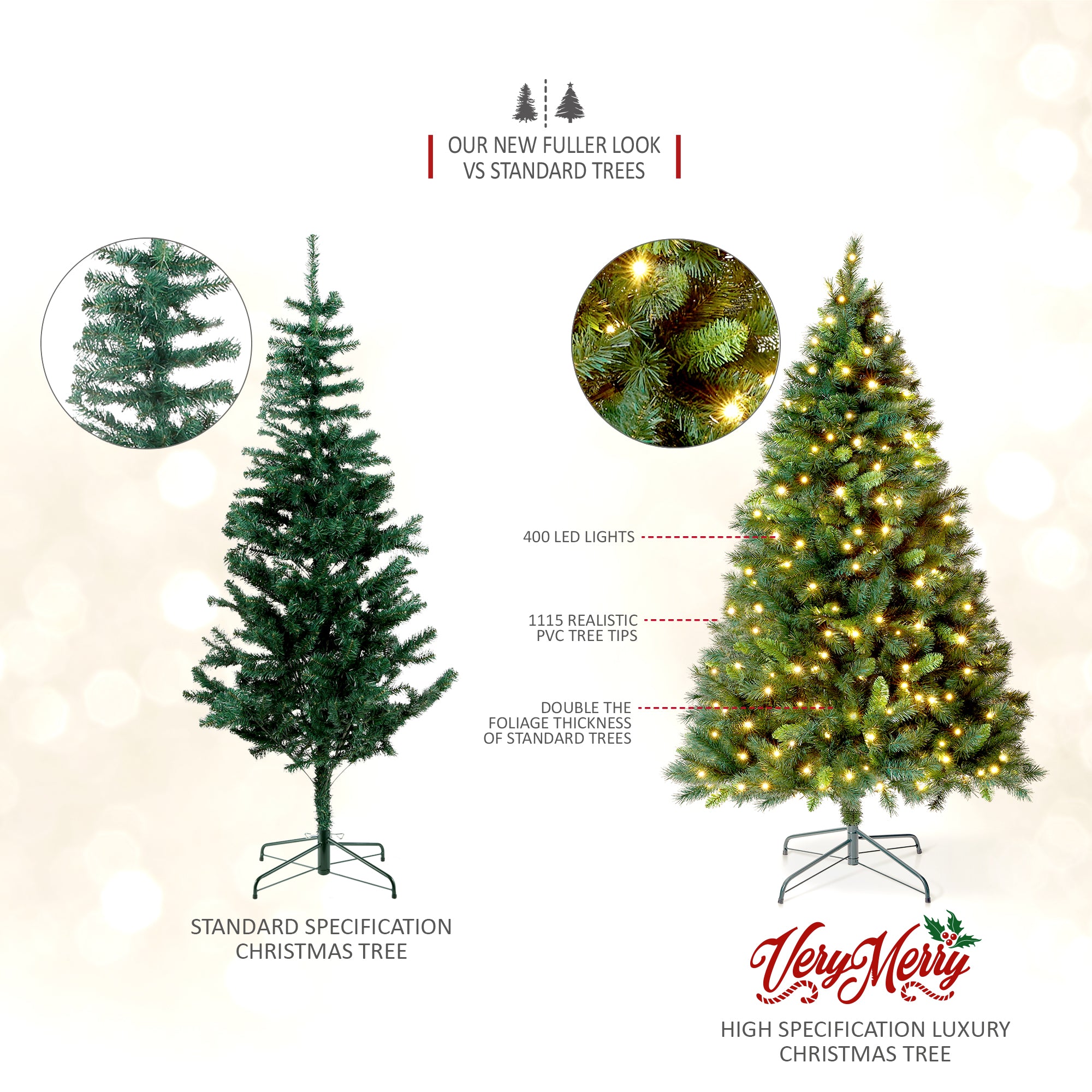 VeryMerry 'Snowhill' Pre Lit Christmas Tree with Built-In Warm White LED Lights with Auto-Off Timer, 8 Lighting Modes and Foldable Metal Stand