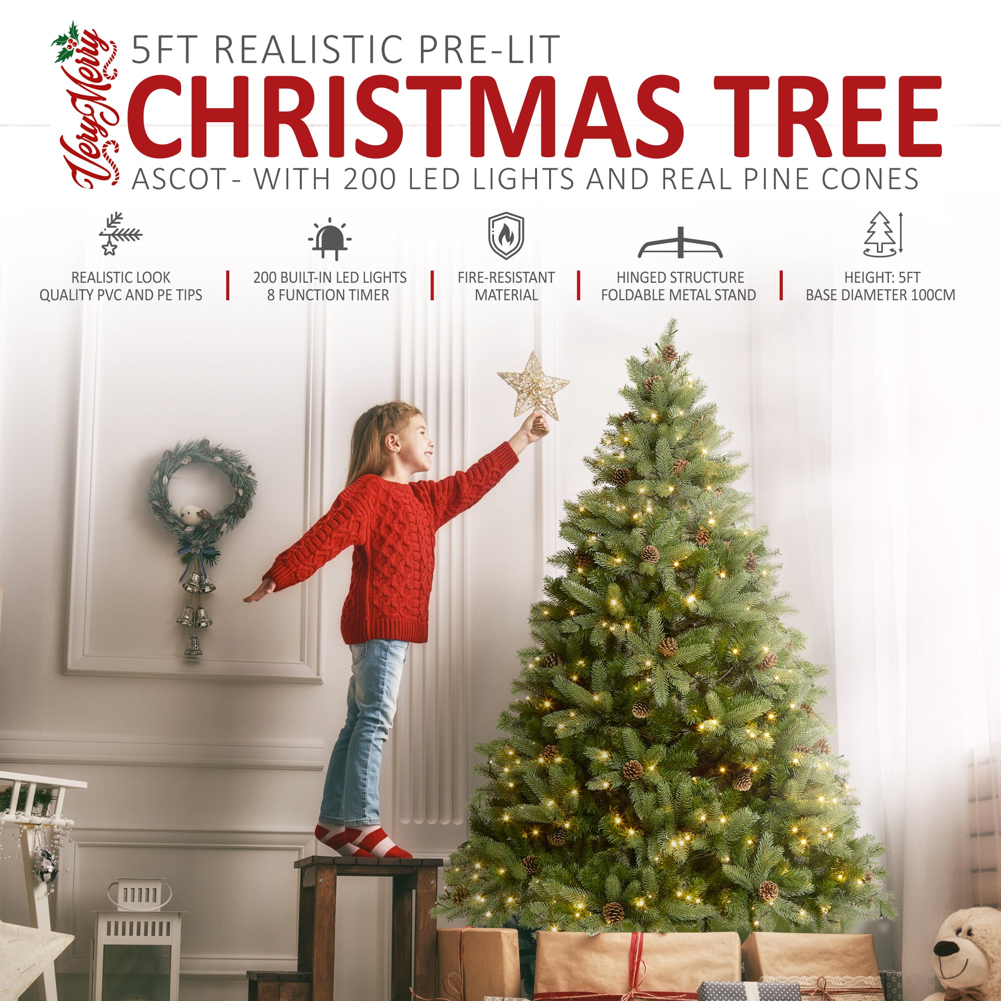 VeryMerry 'Ascot' Pre-Lit Christmas Tree with 200 Built-In Warm White LED Lights with Auto-Off Timer, 8 Lighting Modes and Real Decorative Pinecones