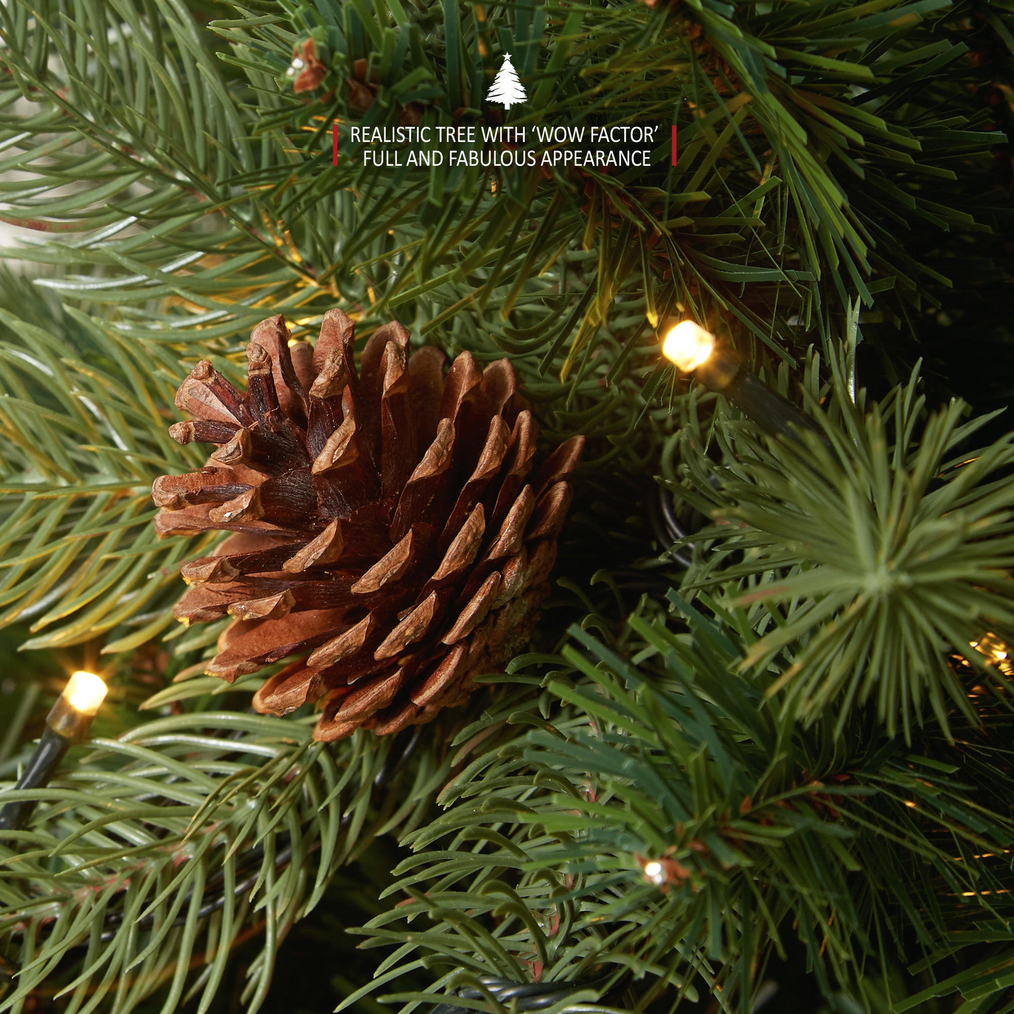 VeryMerry 'Ascot' Pre-Lit Christmas Tree with 200 Built-In Warm White LED Lights with Auto-Off Timer, 8 Lighting Modes and Real Decorative Pinecones