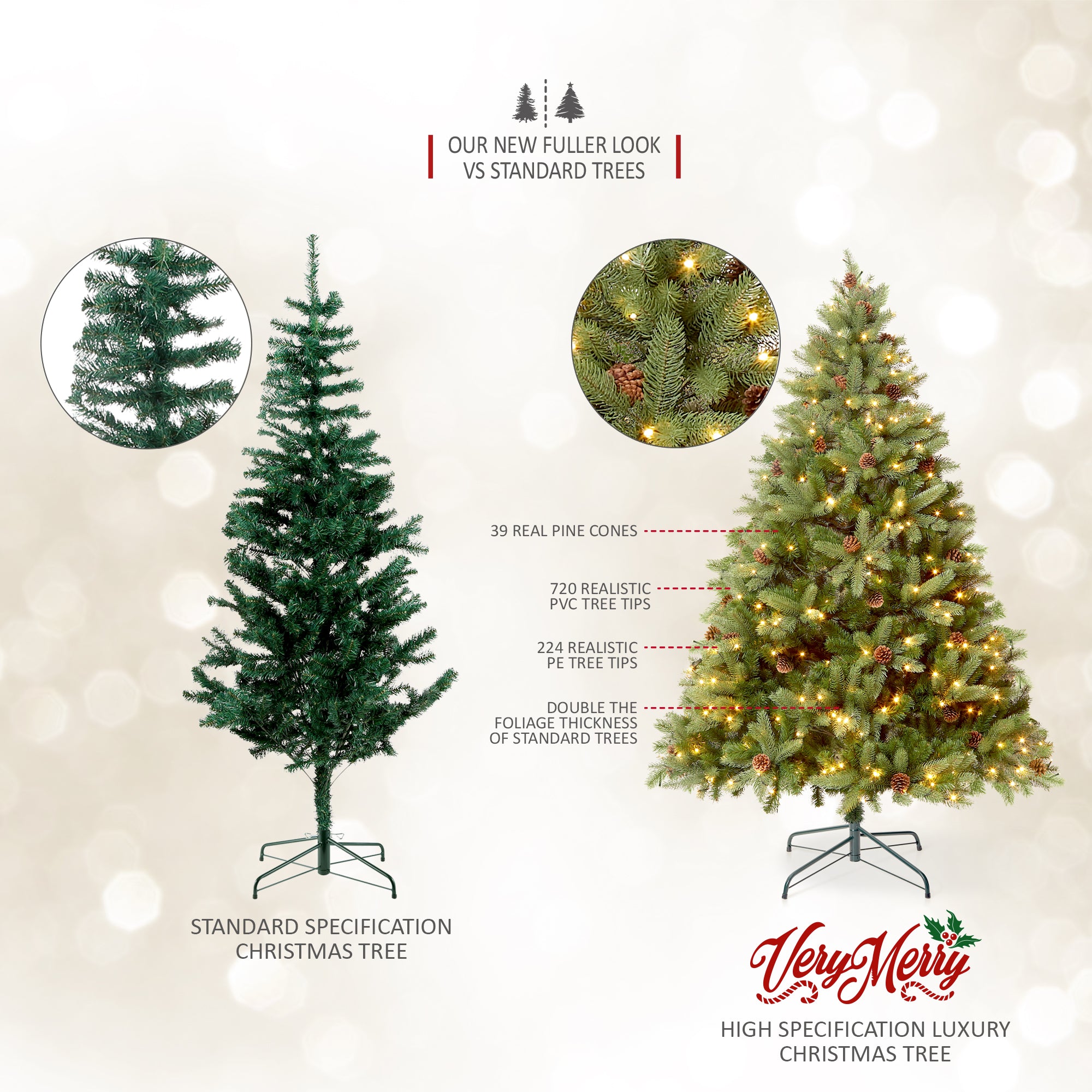 VeryMerry 'Ascot' Pre-Lit Christmas Tree with 200 Built-In Warm White LED Lights with Auto-Off Timer, 8 Lighting Modes and Real Decorative Pinecones