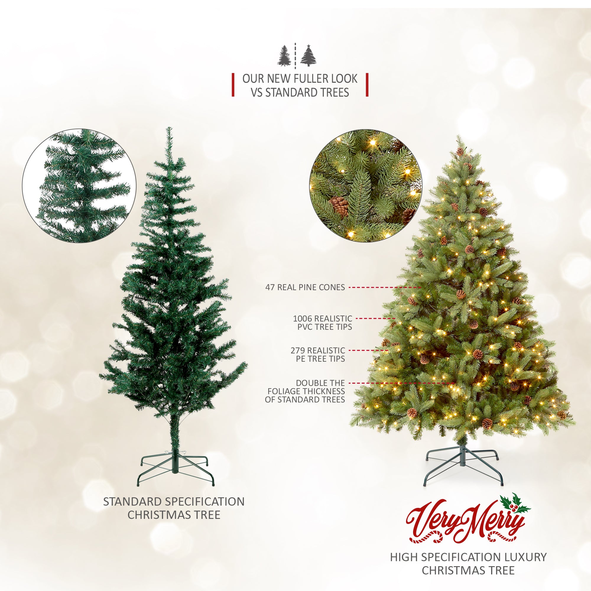 VeryMerry 'Ascot' Pre-Lit Christmas Tree with 200 Built-In Warm White LED Lights with Auto-Off Timer, 8 Lighting Modes and Real Decorative Pinecones