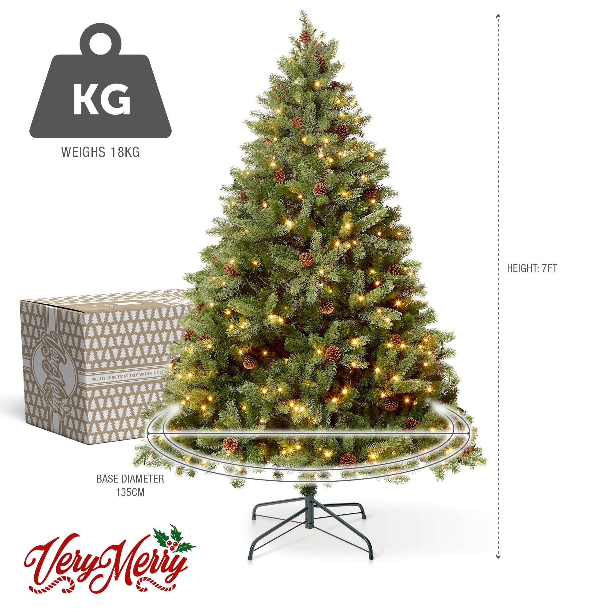 VeryMerry 'Ascot' Pre-Lit Christmas Tree with 200 Built-In Warm White LED Lights with Auto-Off Timer, 8 Lighting Modes and Real Decorative Pinecones