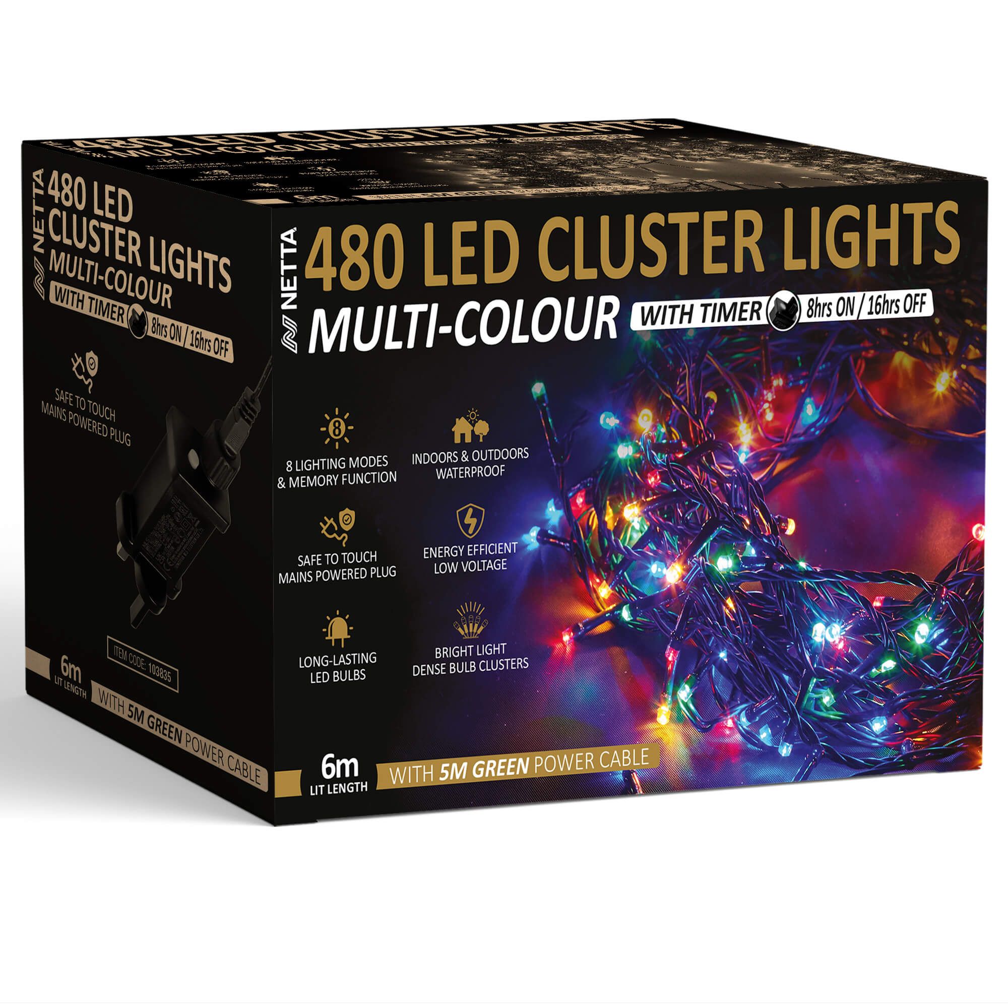 NETTA Plug-In LED 12M Cluster String Lights Outdoor and Indoor