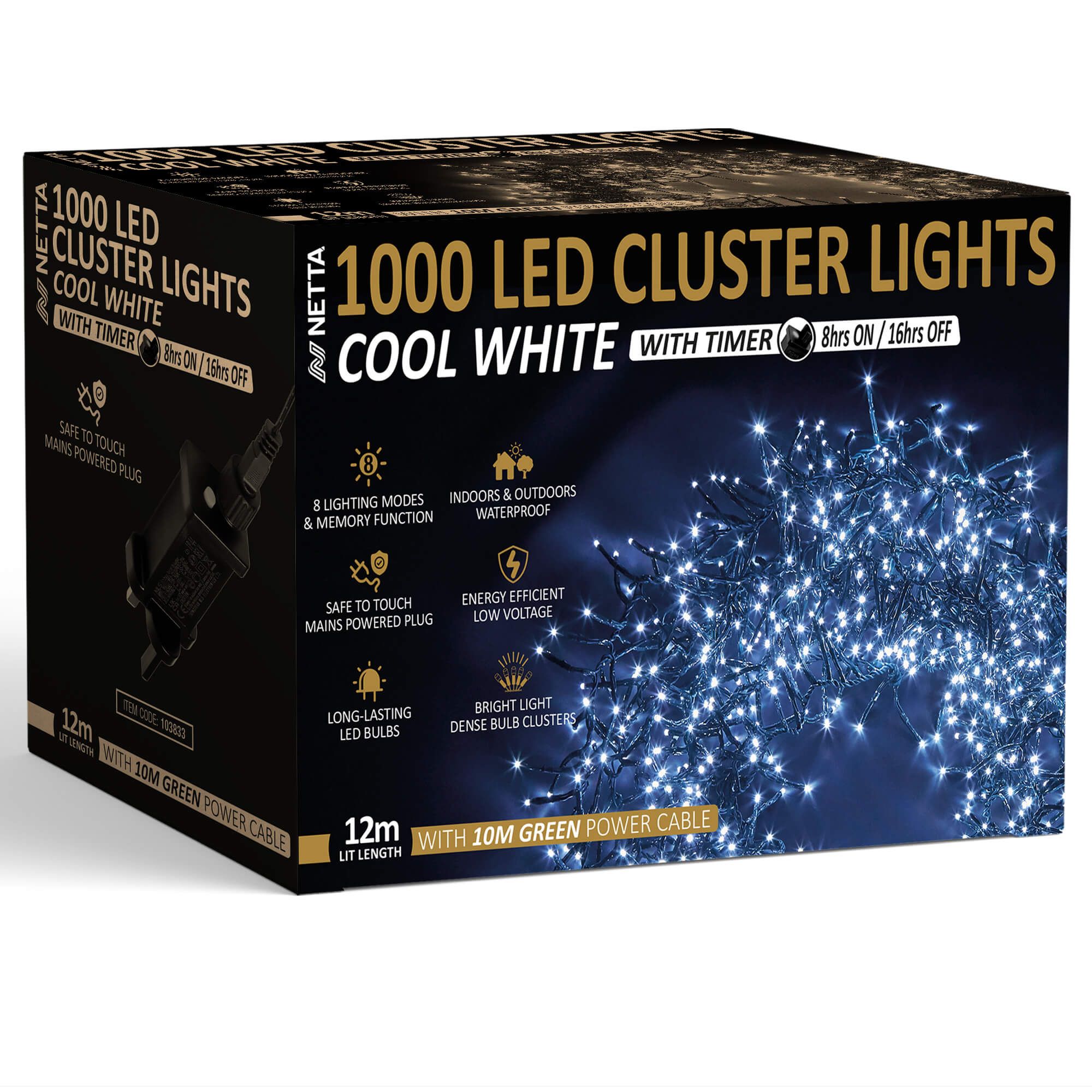 NETTA Plug-In LED 12M Cluster String Lights Outdoor and Indoor
