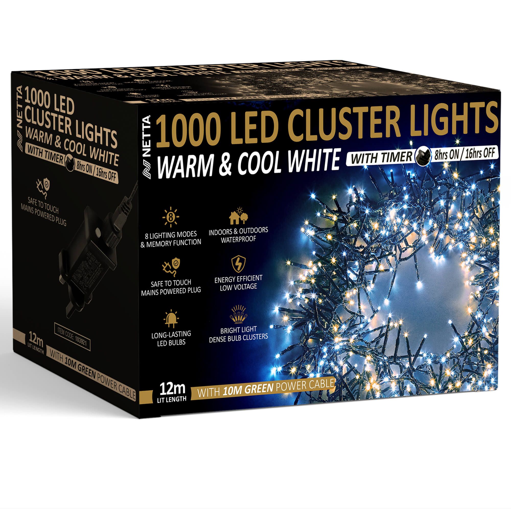 NETTA Plug-In LED 12M Cluster String Lights Outdoor and Indoor