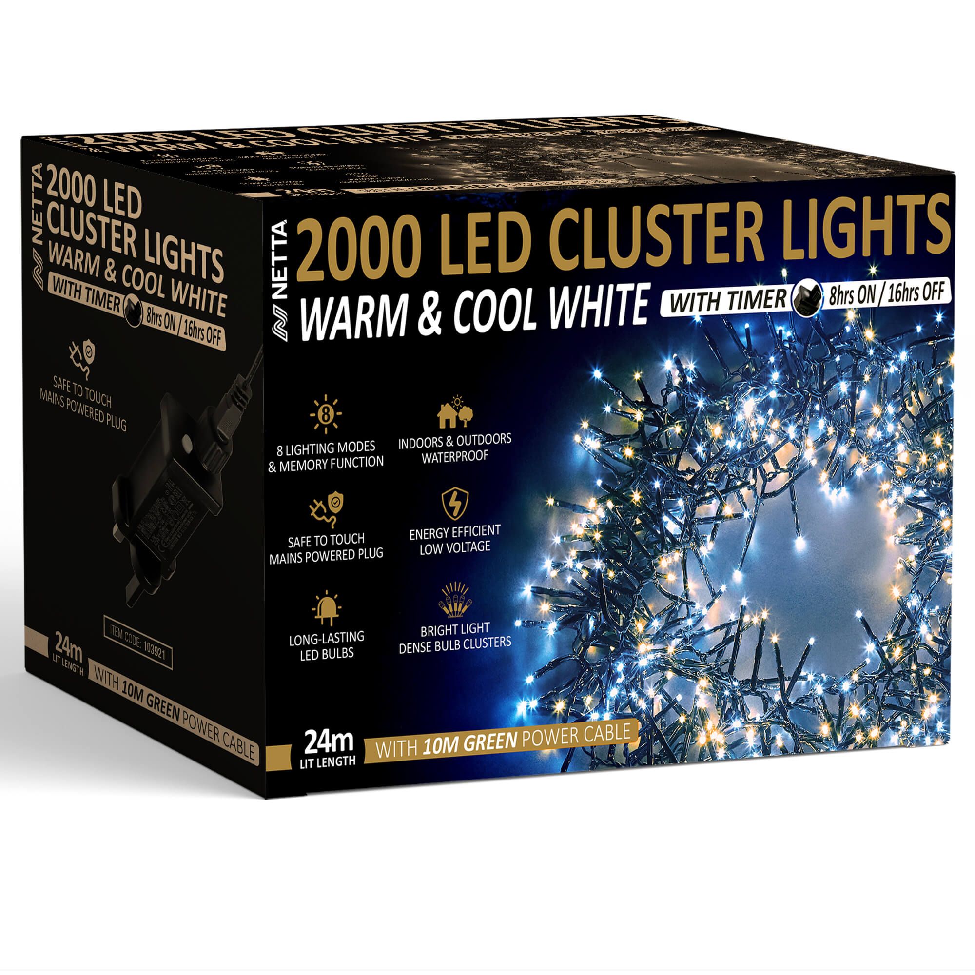 NETTA Plug-In LED 12M Cluster String Lights Outdoor and Indoor