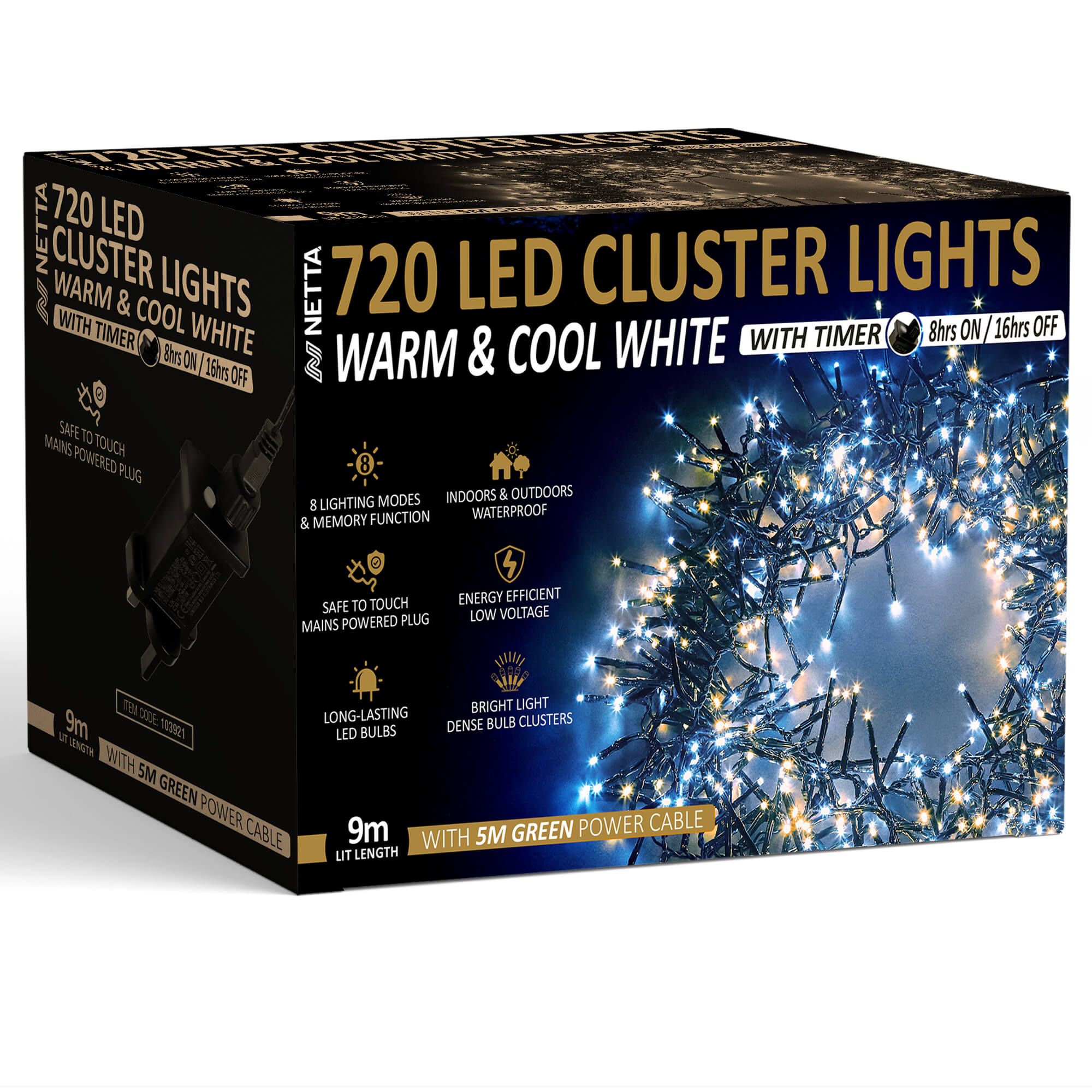 NETTA Plug-In LED 12M Cluster String Lights Outdoor and Indoor