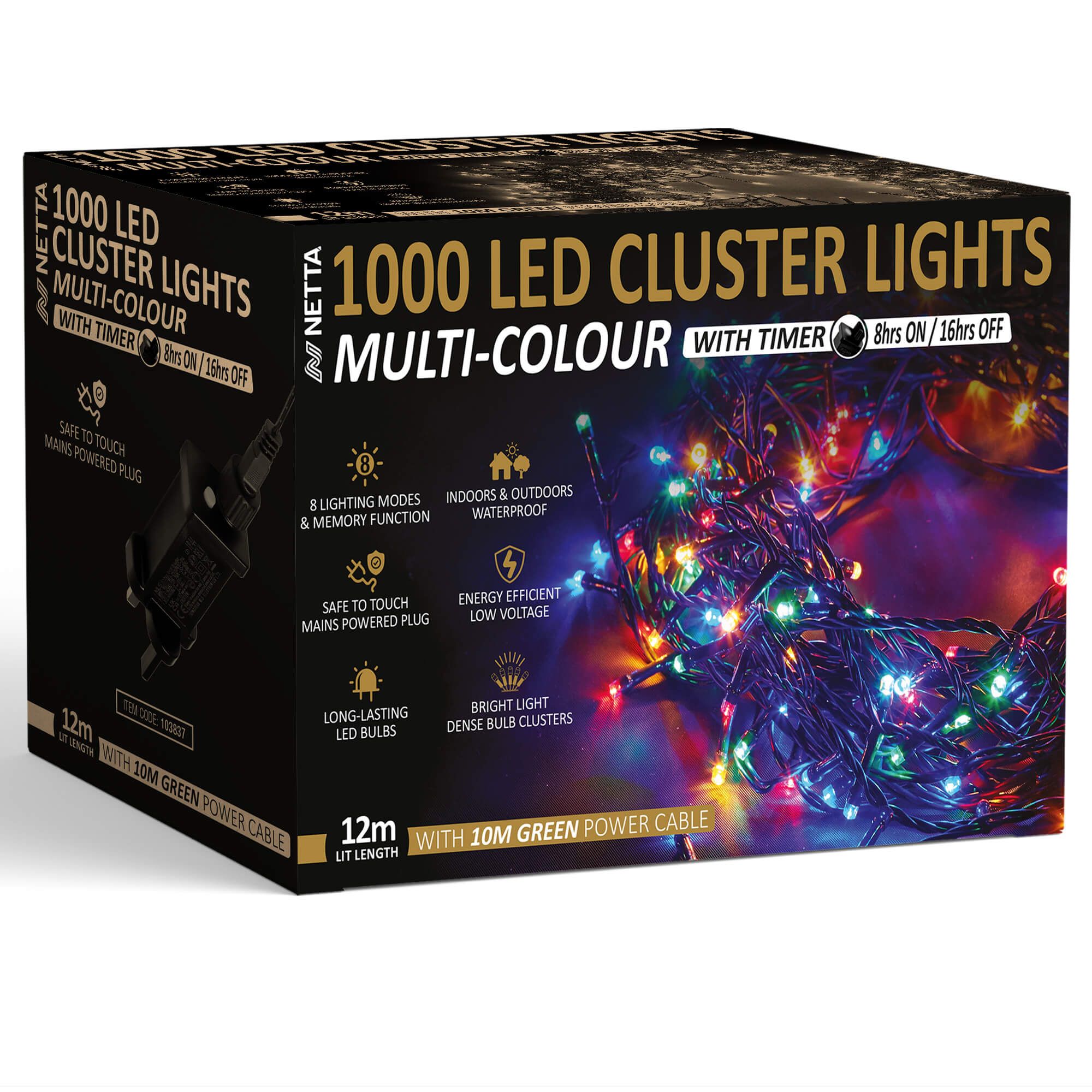 NETTA Plug-In LED 12M Cluster String Lights Outdoor and Indoor