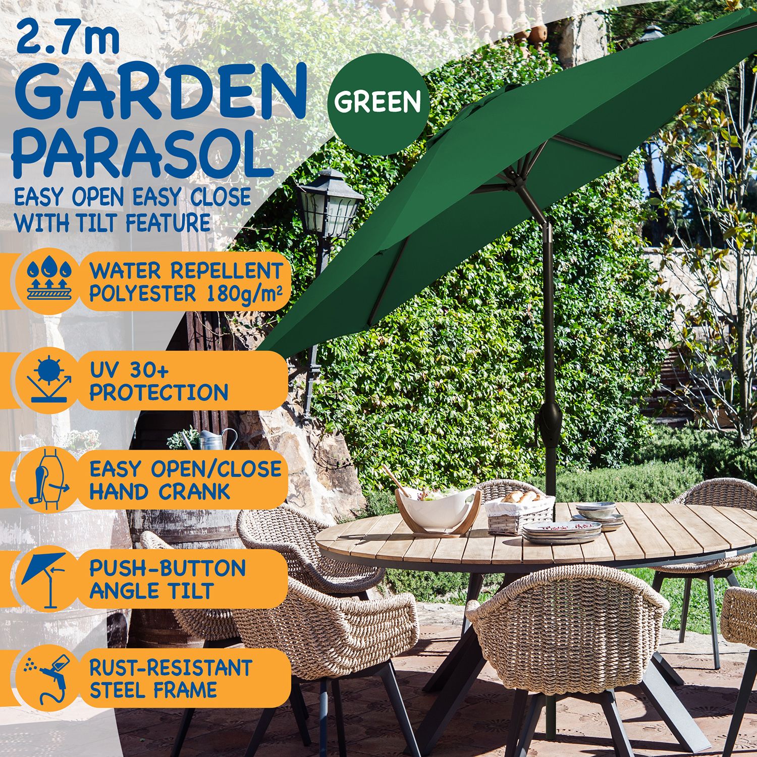 SUNMER 2.7M Parasol with Crank Mechanism Sun Shading Water Repellent Polyeste Easy to Open and Close Crank Mechanism